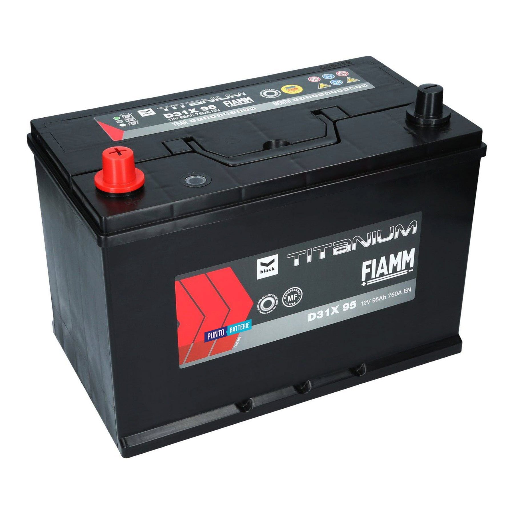Batteria originale Fiamm Black Titanium D31X 95, dimensioni 305 x 178 x 221, polo positivo a sinistra, 12 volt, 95 amperora, 760 ampere. Batteria per auto e veicoli leggeri.