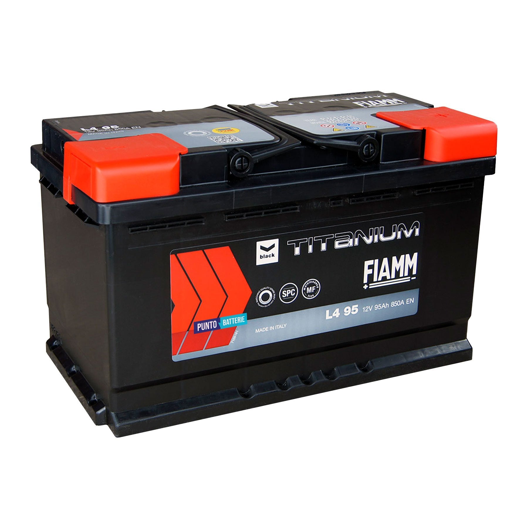 Batteria originale Fiamm Black Titanium L4 95, dimensioni 315 x 175 x 190, polo positivo a destra, 12 volt, 95 amperora, 850 ampere. Batteria per auto e veicoli leggeri.
