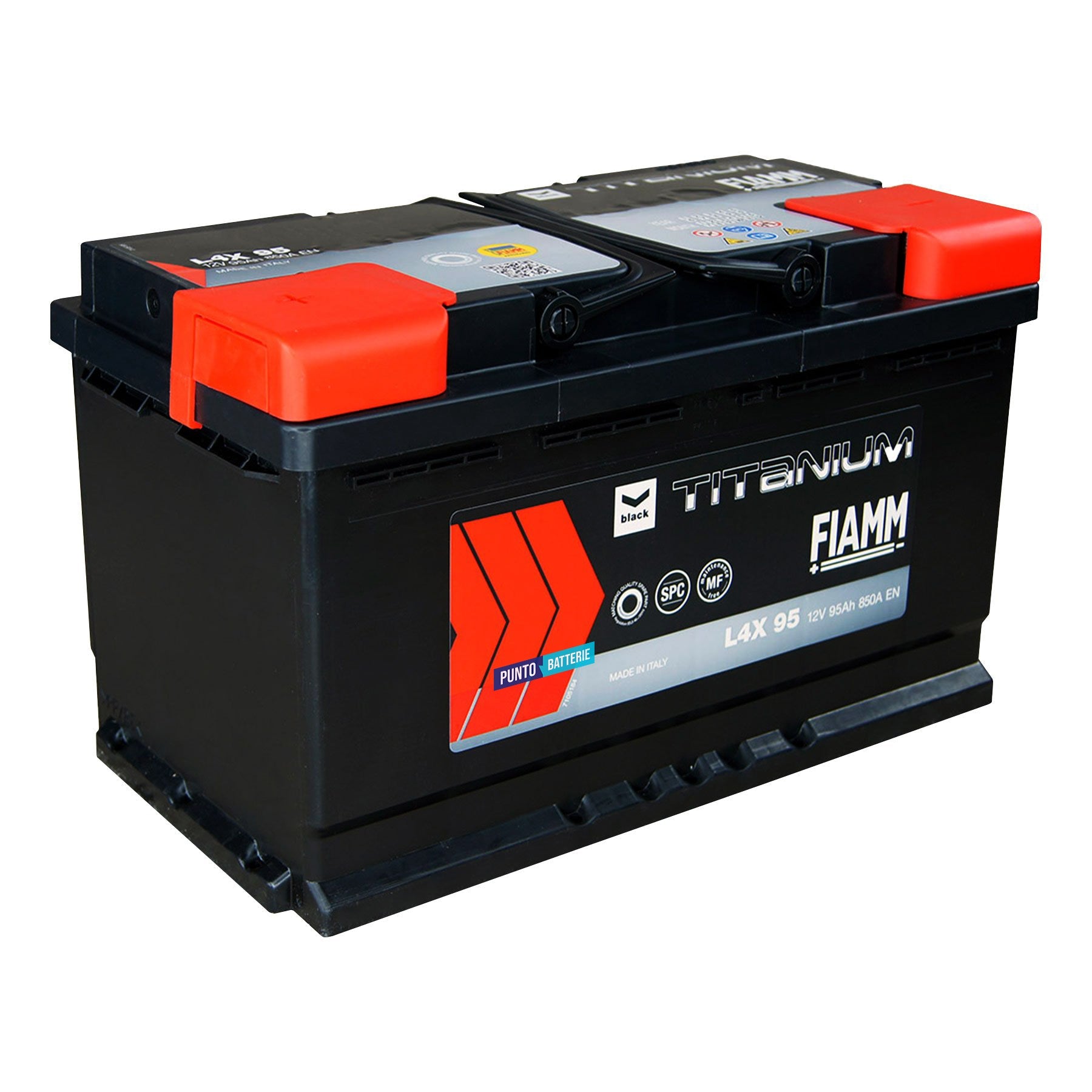 Batteria originale Fiamm Black Titanium L4X 95, dimensioni 315 x 175 x 190, polo positivo a sinistra, 12 volt, 95 amperora, 850 ampere. Batteria per auto e veicoli leggeri.