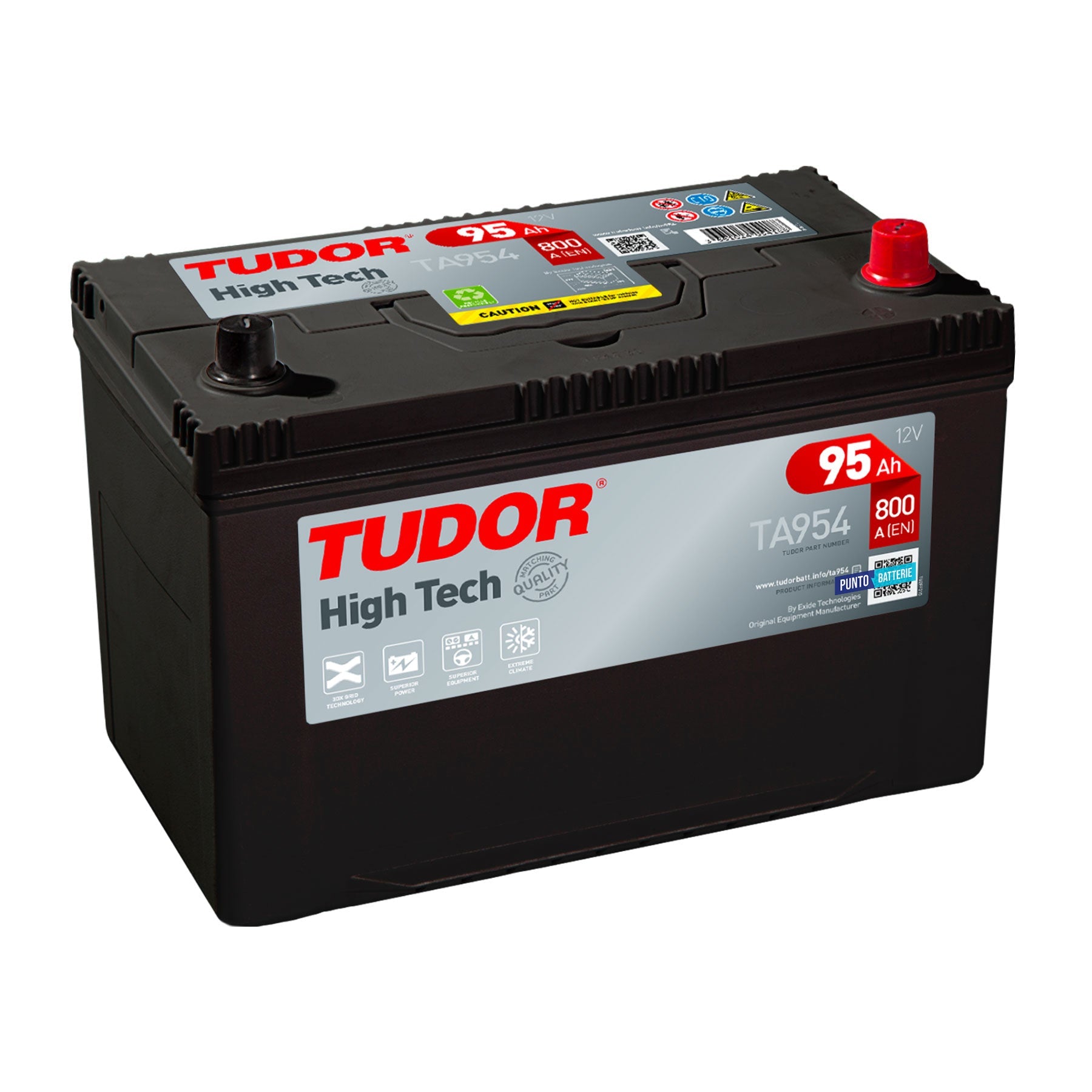 Batteria originale Tudor High Tech TA954, dimensioni 306 x 173 x 222, polo positivo a destra, 12 volt, 95 amperora, 800 ampere. Batteria per auto e veicoli leggeri.
