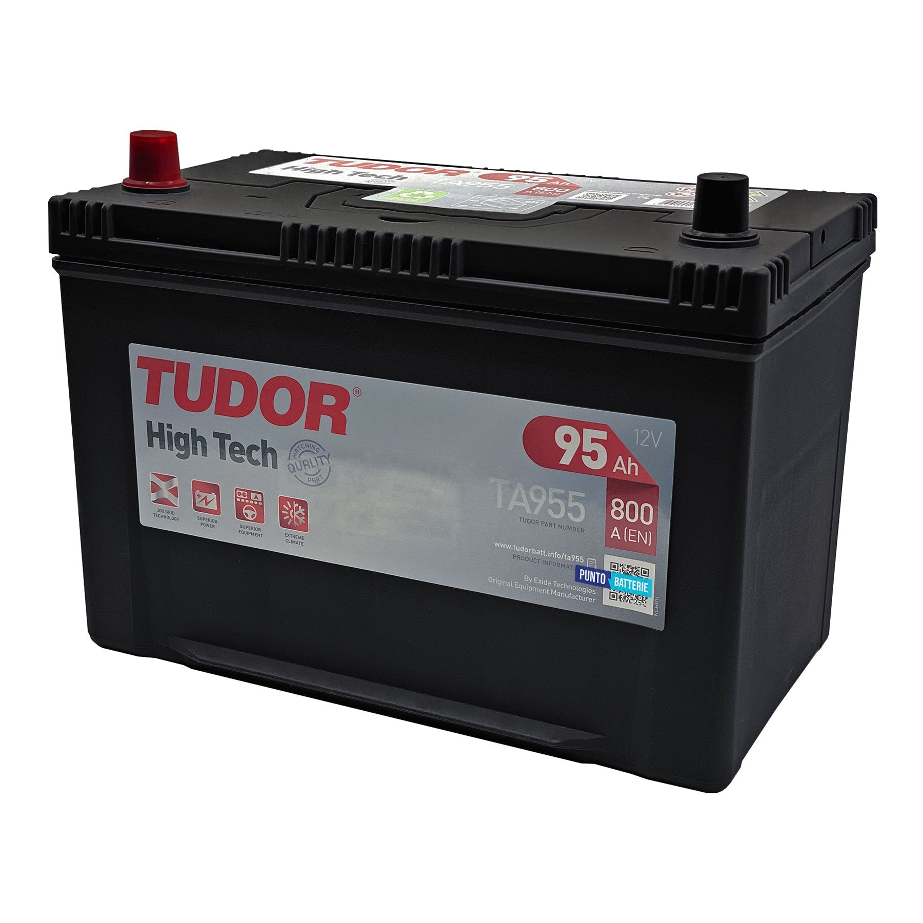 Batteria originale Tudor High Tech TA955, dimensioni 306 x 173 x 222, polo positivo a sinistra, 12 volt, 95 amperora, 800 ampere. Batteria per auto e veicoli leggeri.