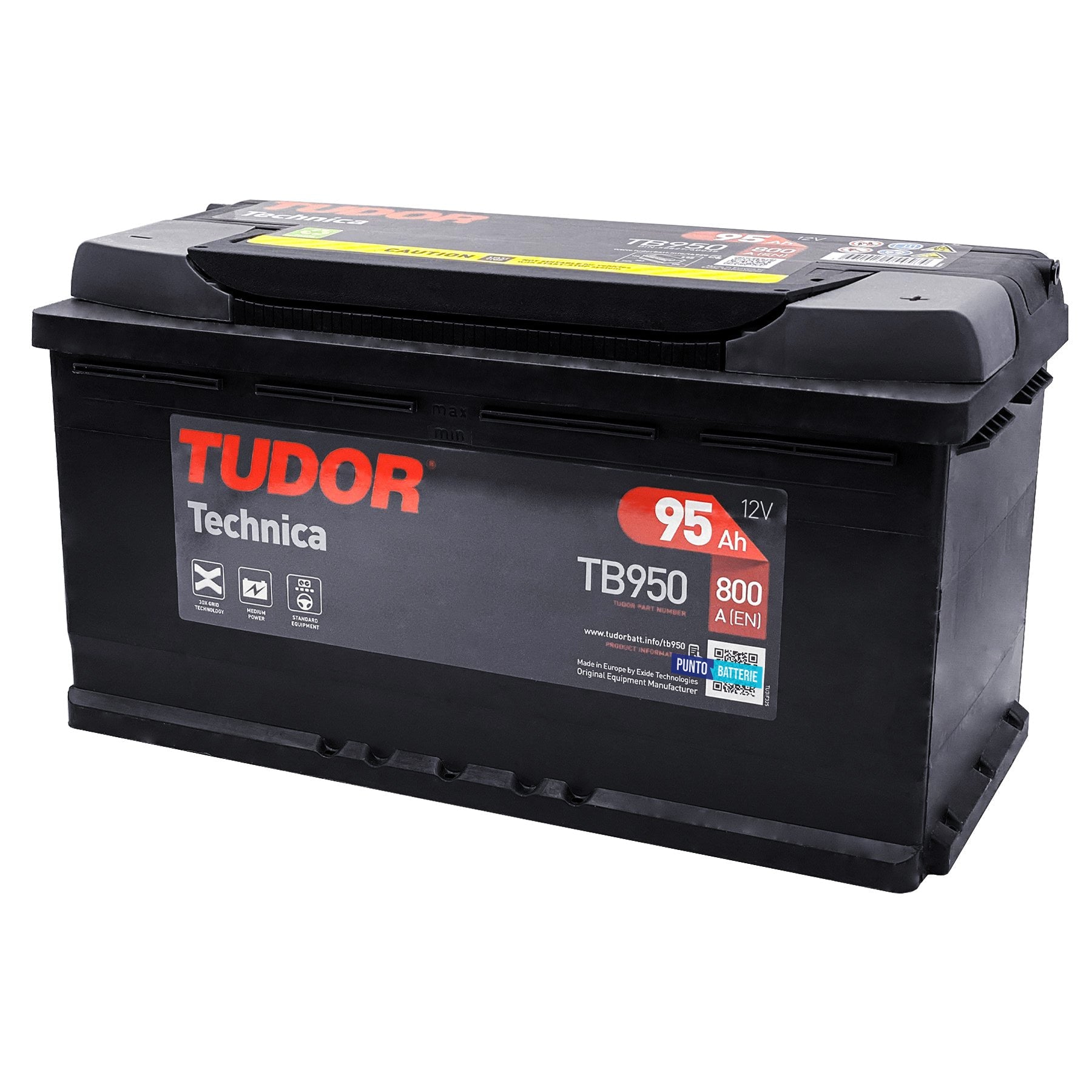 Batteria originale Tudor Technica TB950, dimensioni 353 x 175 x 190, polo positivo a destra, 12 volt, 95 amperora, 800 ampere. Batteria per auto e veicoli leggeri.