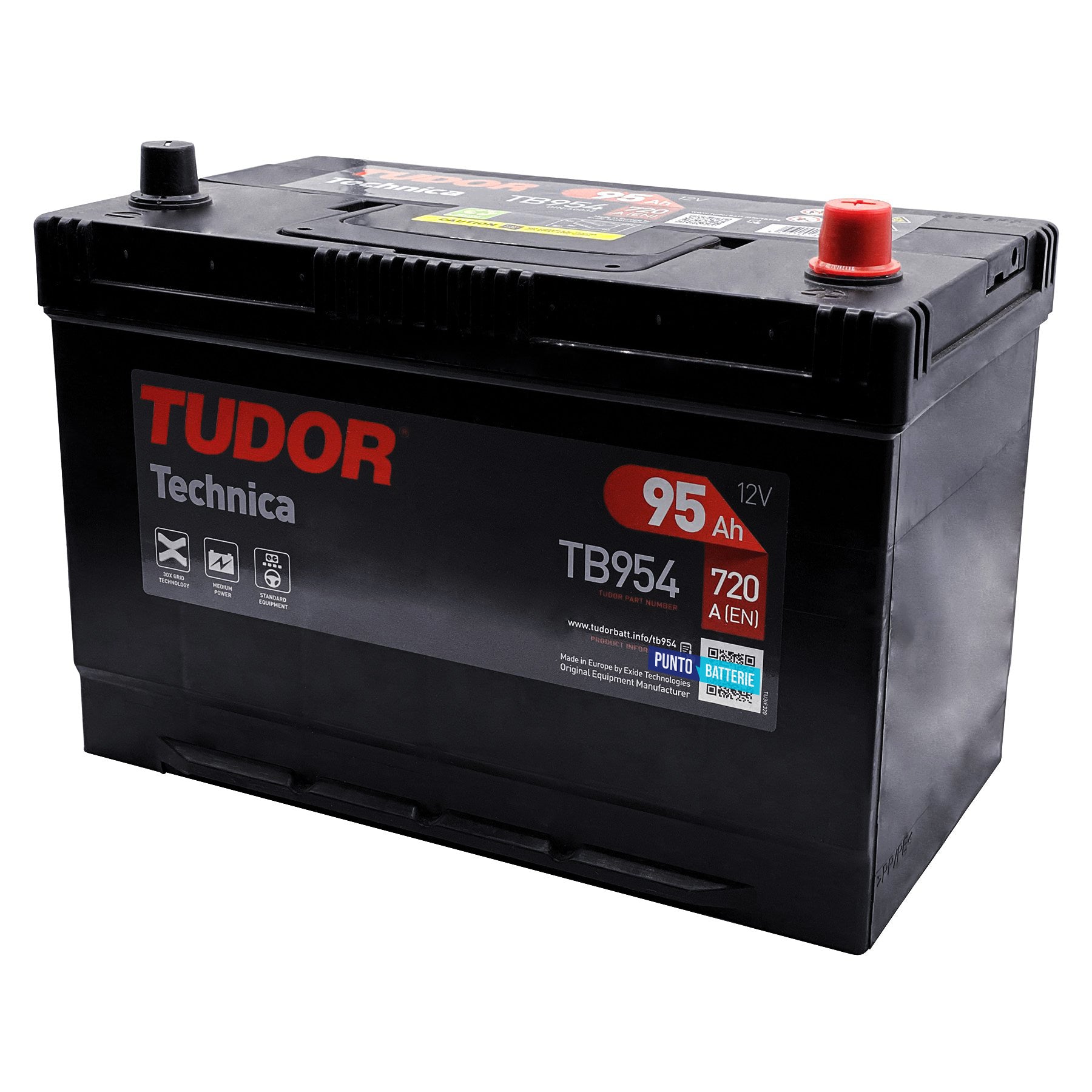 Batteria originale Tudor Technica TB954, dimensioni 306 x 173 x 222, polo positivo a destra, 12 volt, 95 amperora, 760 ampere. Batteria per auto e veicoli leggeri.