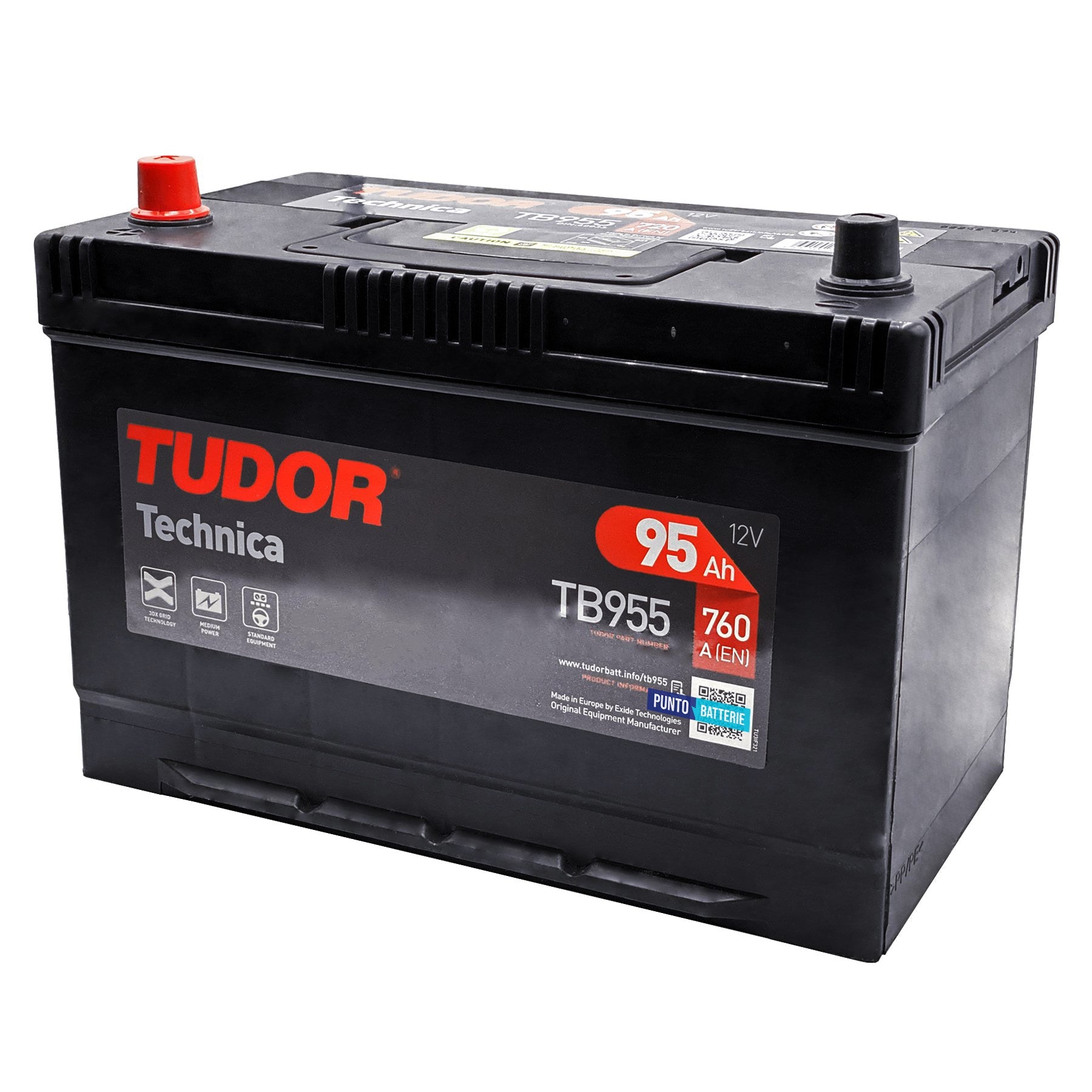 Batteria originale Tudor Technica TB955, dimensioni 306 x 173 x 222, polo positivo a sinistra, 12 volt, 95 amperora, 760 ampere. Batteria per auto e veicoli leggeri.