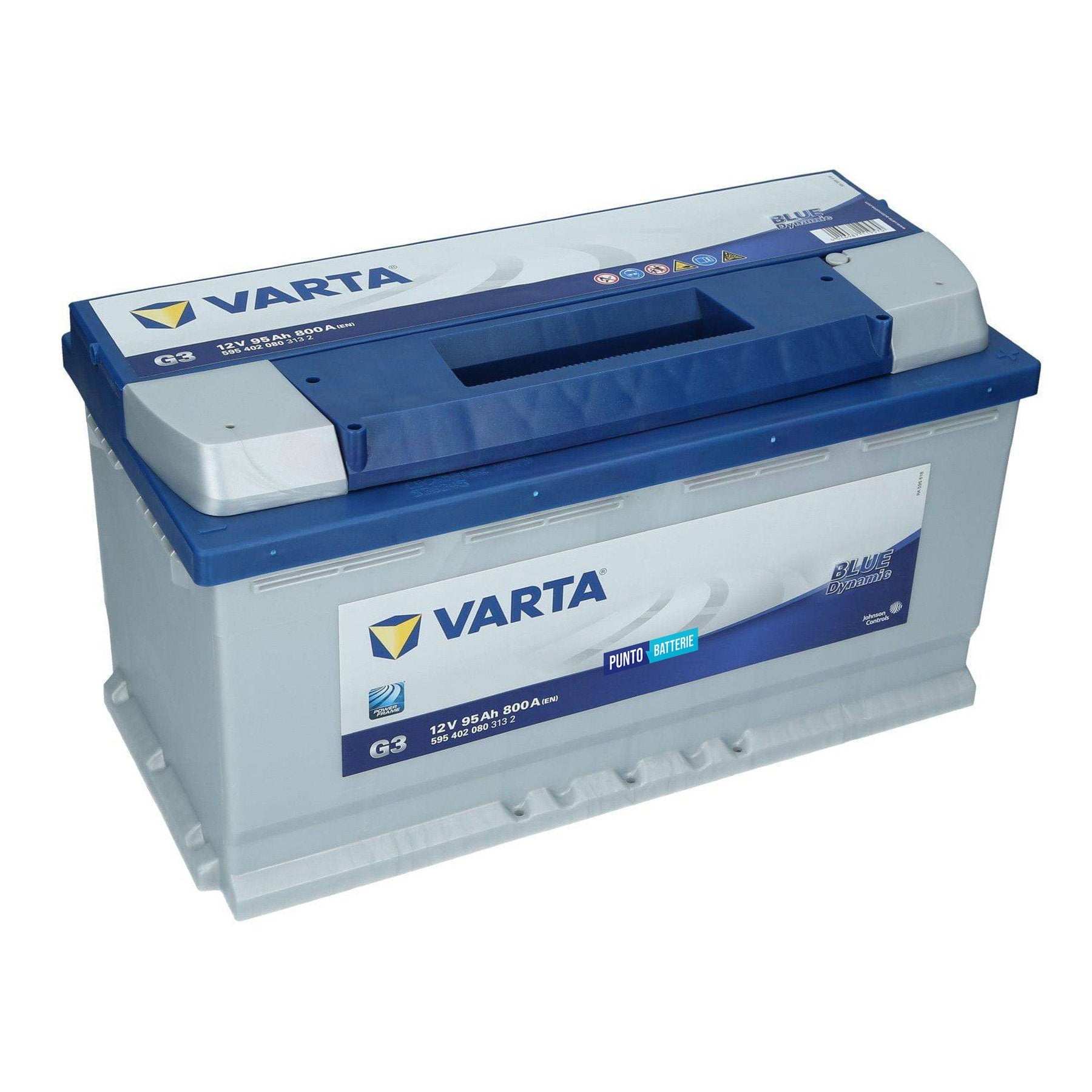 Batteria originale Varta Blue Dynamic G3, dimensioni 353 x 175 x 190, polo positivo a destra, 12 volt, 95 amperora, 800 ampere. Batteria per auto e veicoli leggeri.