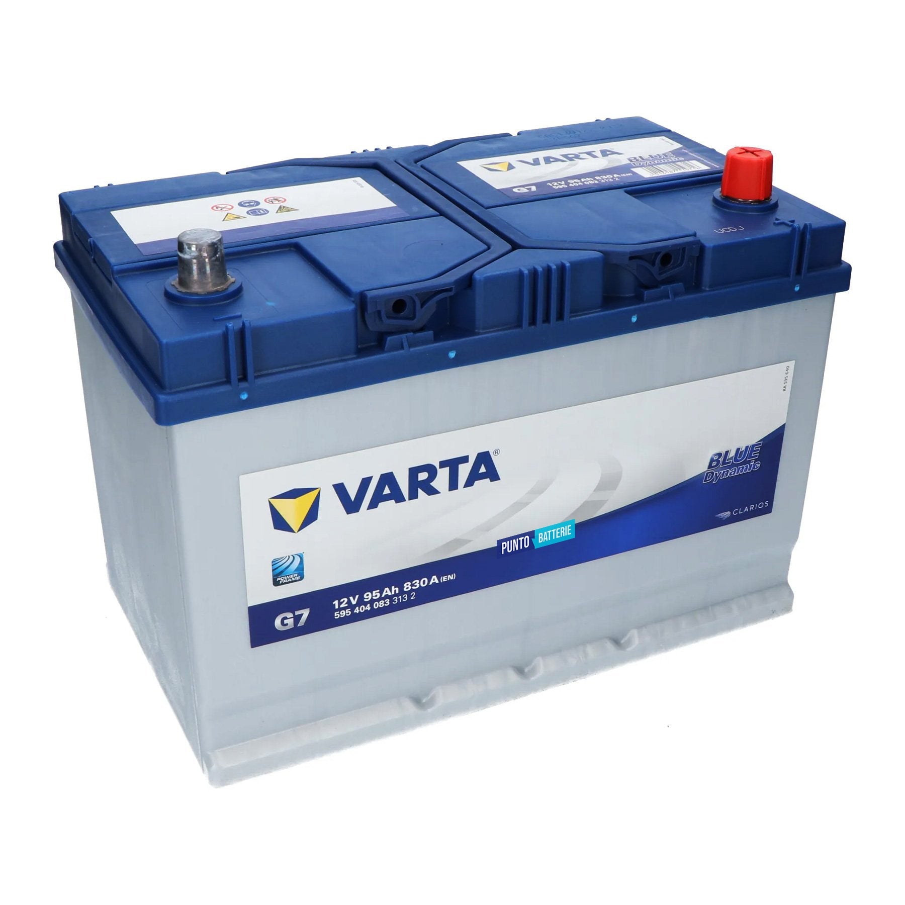 Batteria originale Varta Blue Dynamic G7, dimensioni 306 x 173 x 225, polo positivo a destra, 12 volt, 95 amperora, 830 ampere. Batteria per auto e veicoli leggeri.