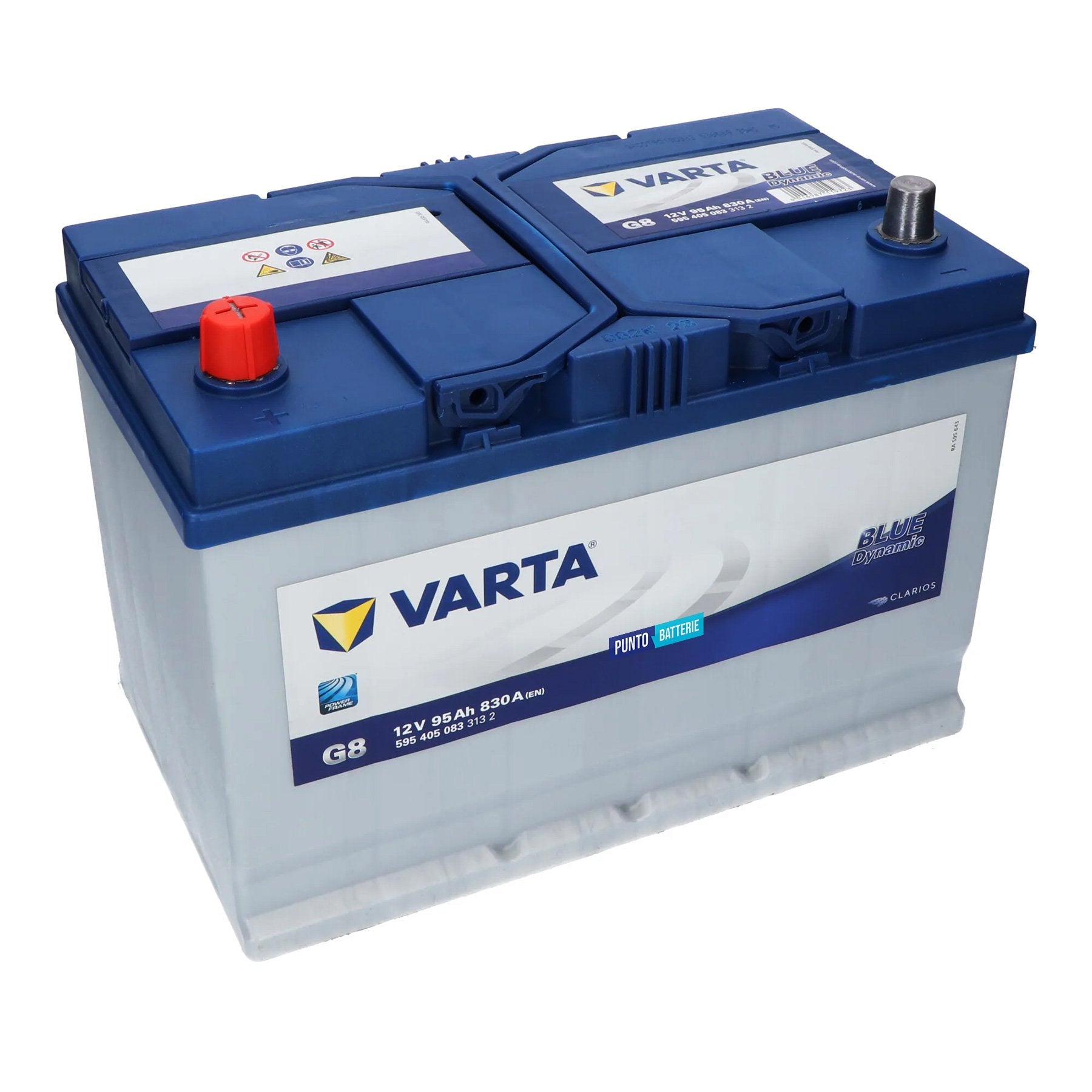 Batteria originale Varta Blue Dynamic G8, dimensioni 306 x 173 x 225, polo positivo a sinistra, 12 volt, 95 amperora, 830 ampere. Batteria per auto e veicoli leggeri.