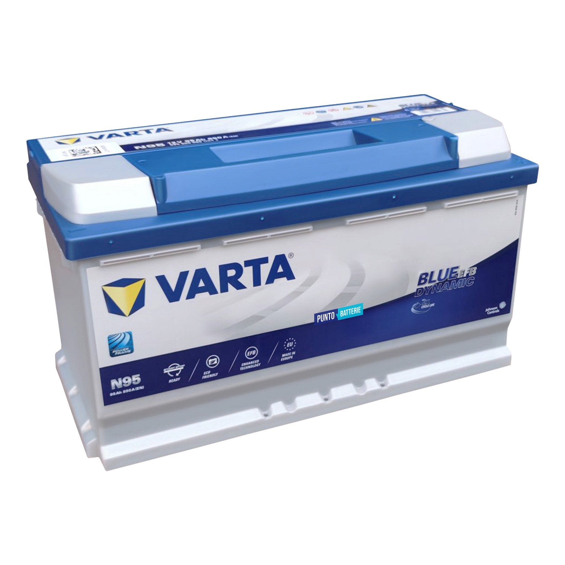 Batteria originale Varta Blue Dynamic EFB N95, dimensioni 353 x 175 x 190, polo positivo a destra, 12 volt, 95 amperora, 850 ampere, EFB. Batteria per auto e veicoli leggeri con start e stop.