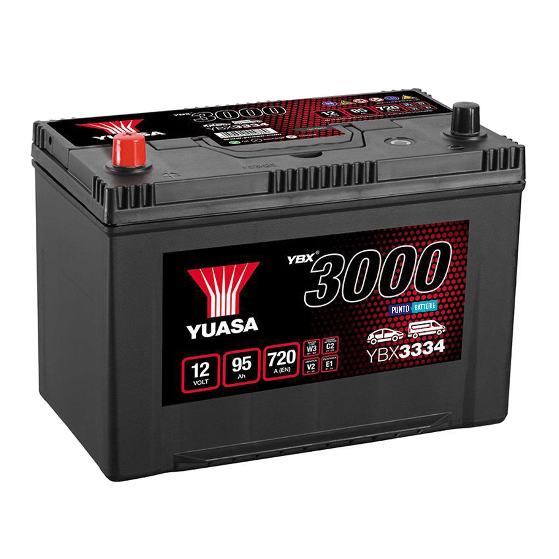 Batteria originale Yuasa YBX3000 YBX3334, dimensioni 304 x 174 x 225, polo positivo a sinistra, 12 volt, 95 amperora, 720 ampere. Batteria per auto e veicoli leggeri.
