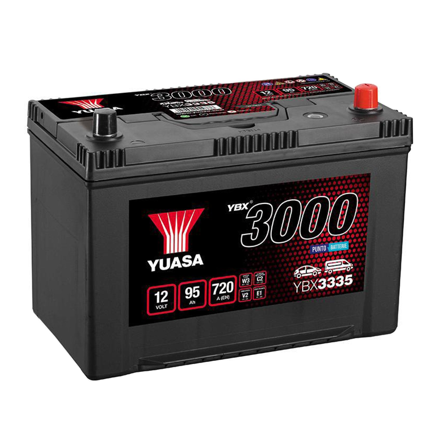 Batteria originale Yuasa YBX3000 YBX3335, dimensioni 304 x 174 x 225, polo positivo a destra, 12 volt, 95 amperora, 720 ampere. Batteria per auto e veicoli leggeri.