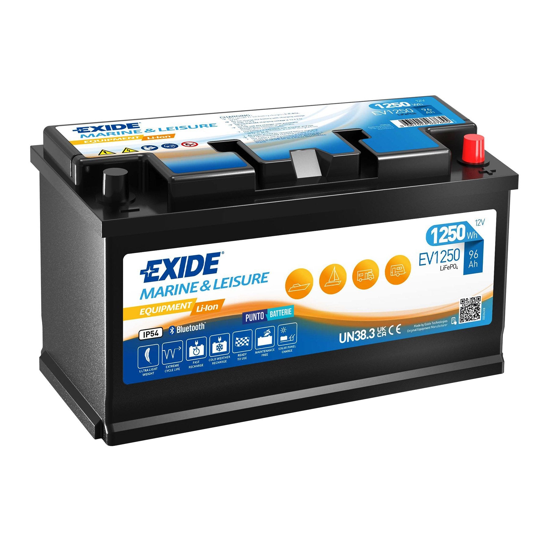 Batteria originale Exide Equipment Li-Ion EV1250, dimensioni 353 x 175 x 190, 12 volt, 96 amperora, LI-ION. Batteria per servizi di camper, barca e applicazioni a scarica lenta.