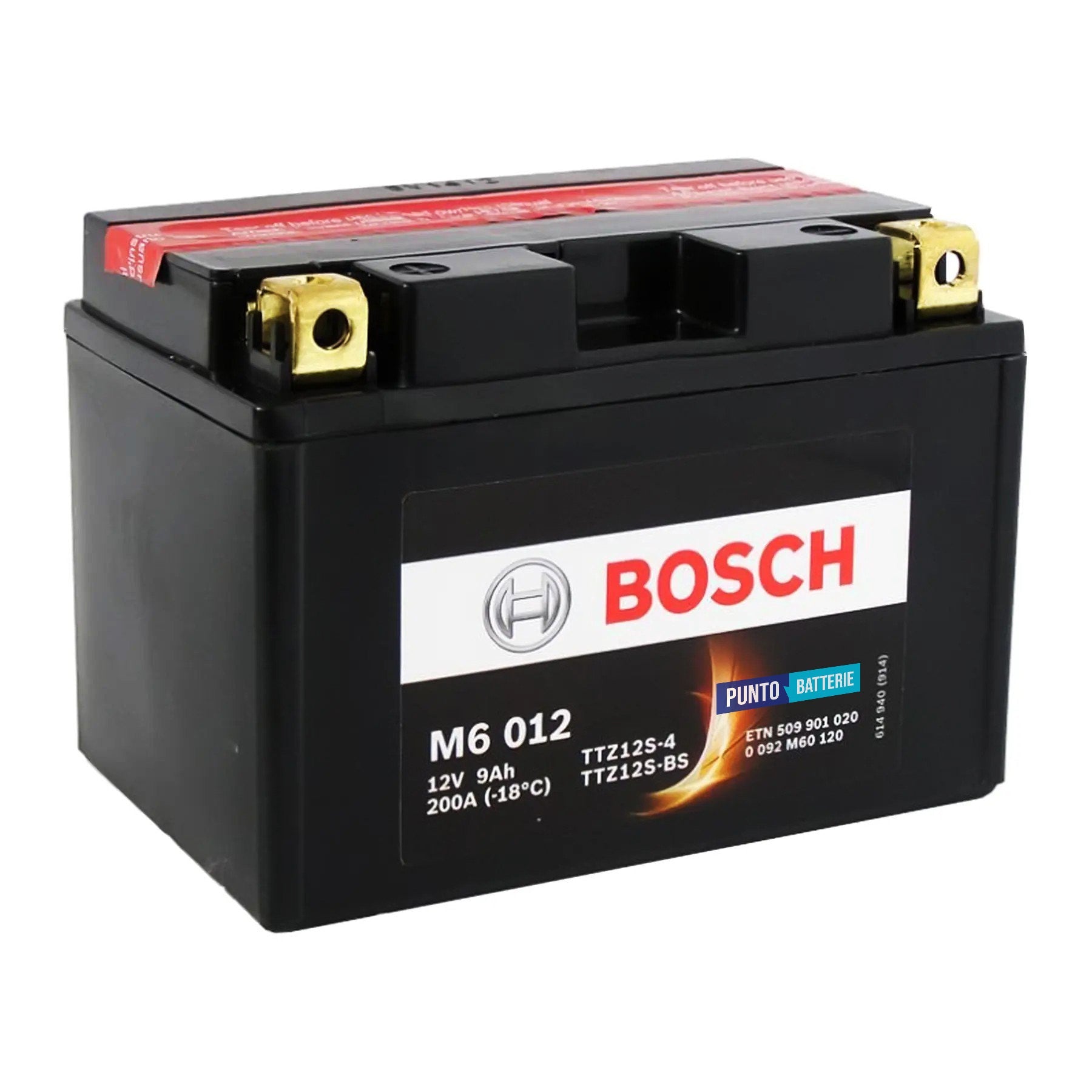 Batteria originale Bosch M6 M6012, dimensioni 150 x 65 x 93, polo positivo a sinistra, 12 volt, 9 amperora, 200 ampere. Batteria per moto, scooter e powersport.
