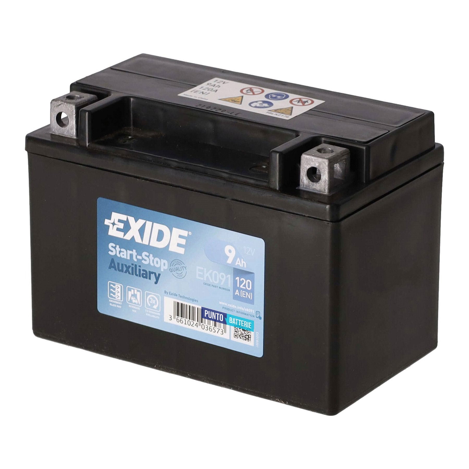 Batteria originale Exide Auxiliary EK091, dimensioni 150 x 90 x 105, polo positivo a sinistra, 12 volt, 9 amperora, 120 ampere, AGM. Batteria ausiliaria per auto e veicoli leggeri con start e stop.