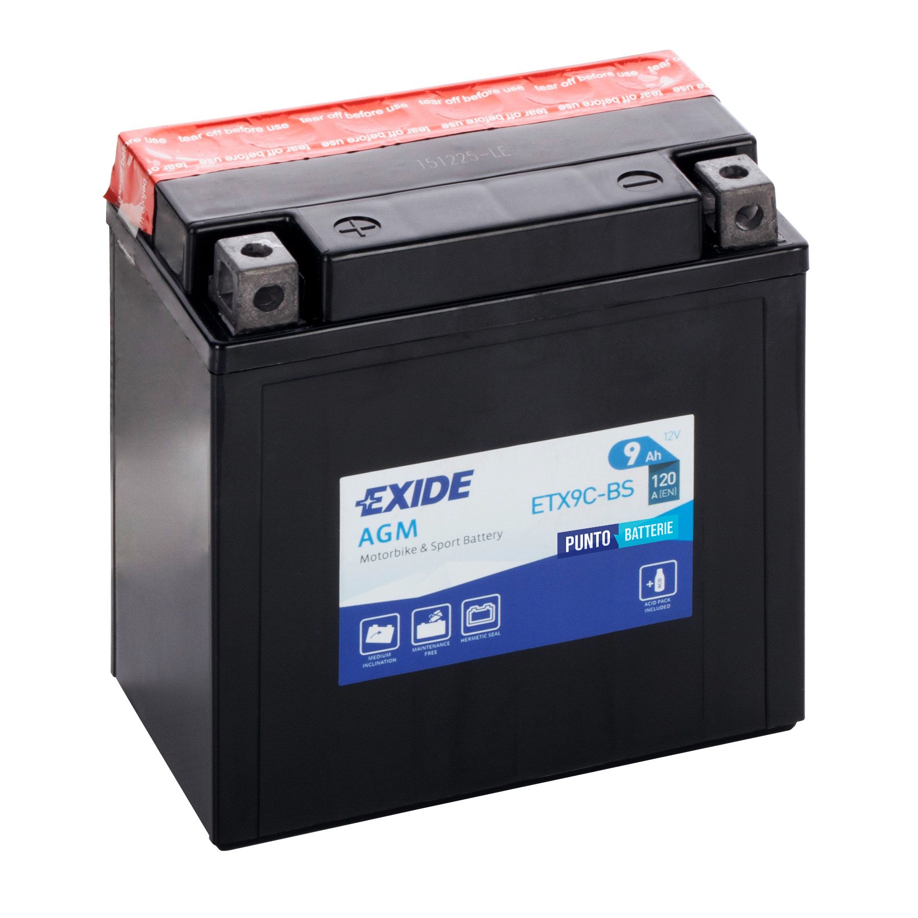 Batteria originale Exide AGM ETX9C-BS, dimensioni 135 x 75 x 139, polo positivo a sinistra, 12 volt, 9 amperora, 120 ampere. Batteria per moto, scooter e powersport.