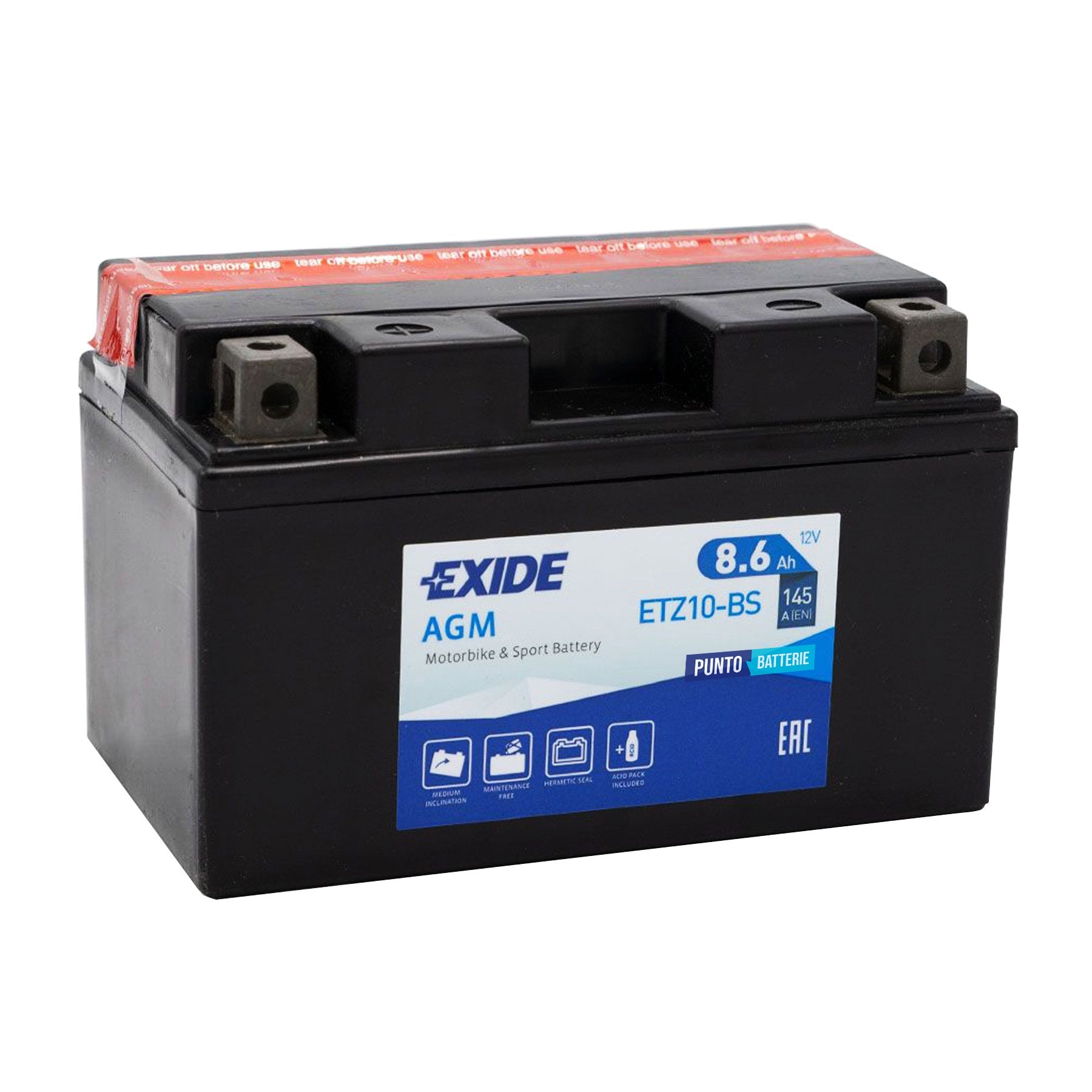 Batteria originale Exide AGM ETZ10-BS, dimensioni 150 x 90 x 95, polo positivo a sinistra, 12 volt, 9 amperora, 145 ampere. Batteria per moto, scooter e powersport.