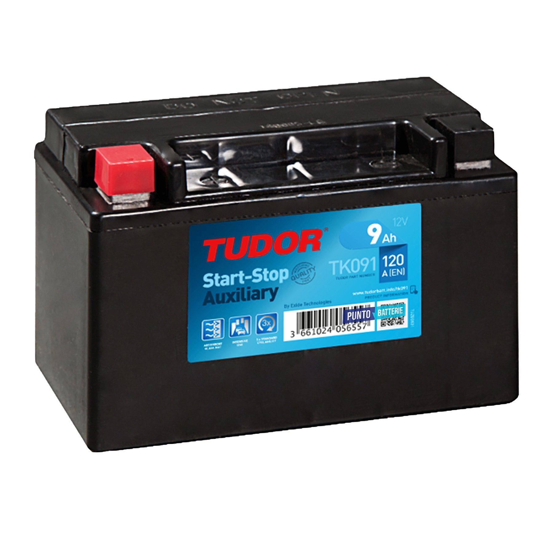 Batteria originale Tudor Auxiliary TK091, dimensioni 150 x 90 x 105, polo positivo a sinistra, 12 volt, 9 amperora, 120 ampere, AGM. Batteria ausiliaria per auto e veicoli leggeri con start e stop.