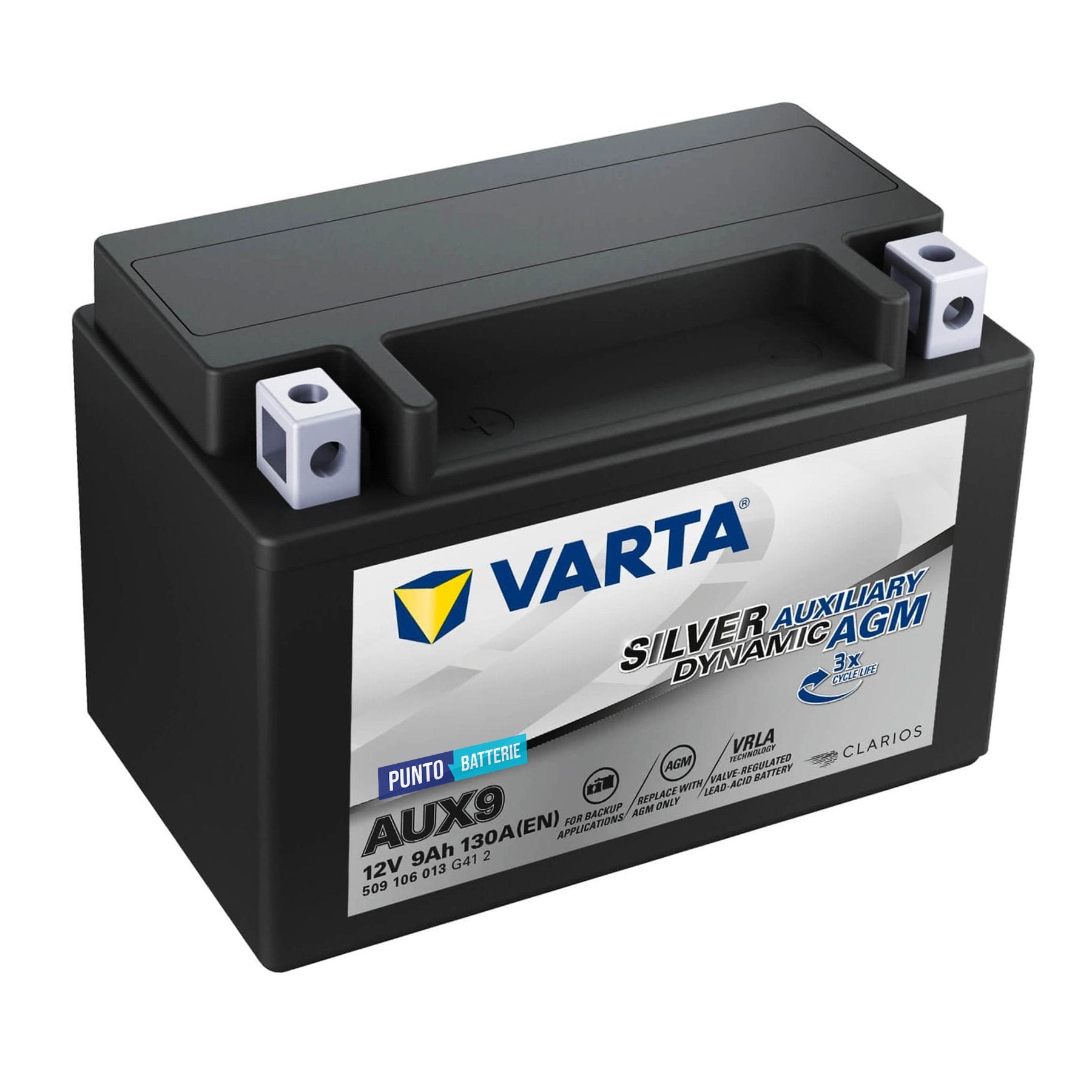 Batteria originale Varta Silver Dynamic Auxiliary AUX9, dimensioni 151 x 87 x 106, polo positivo a sinistra, 12 volt, 9 amperora, 130 ampere, AGM. Batteria ausiliaria per auto e veicoli leggeri con start e stop.