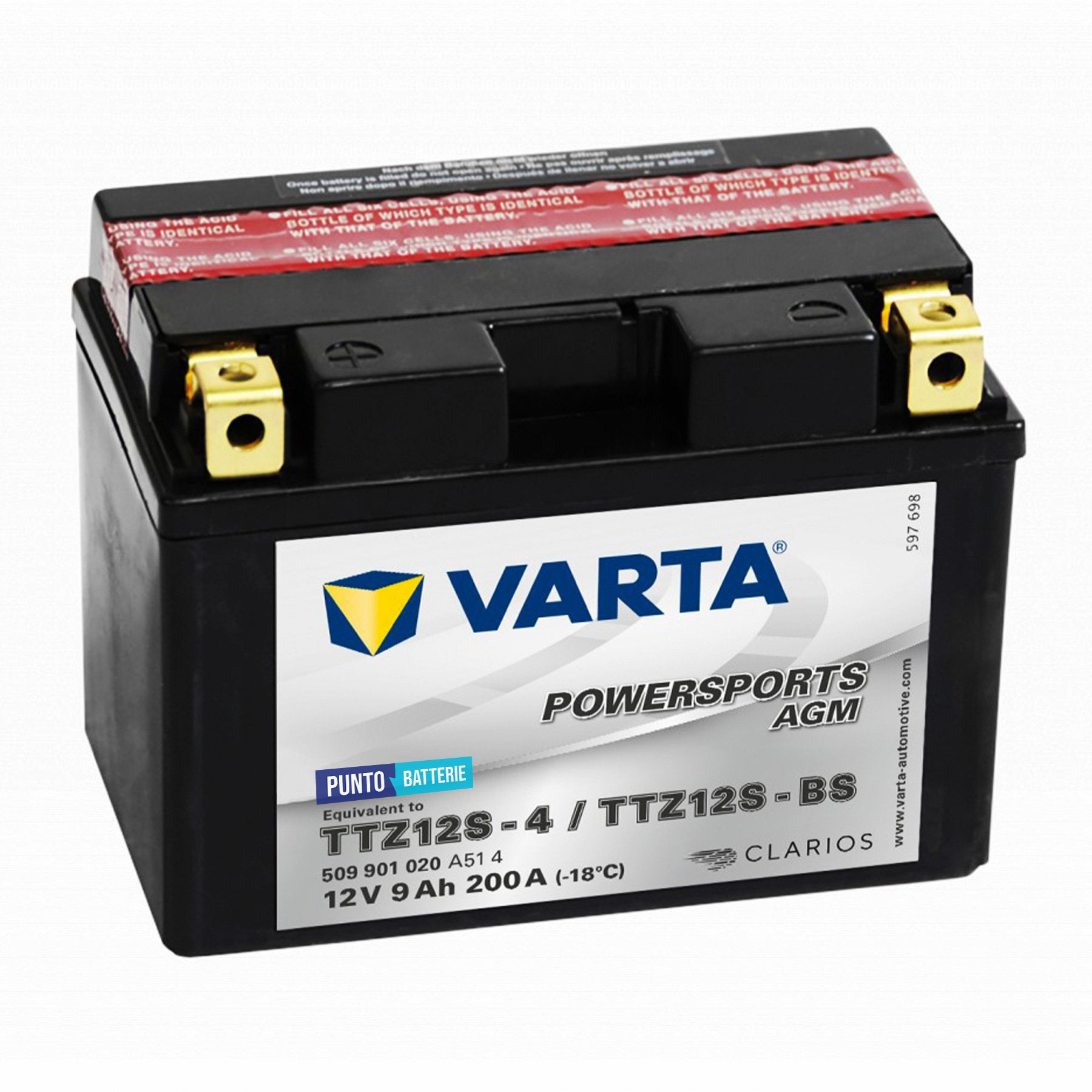 Batteria originale Varta Powersport AGM TTZ12S-4, dimensioni 150 x 87 x 93, polo positivo a sinistra, 12 volt, 9 amperora, 200 ampere. Batteria per moto, scooter e powersport.