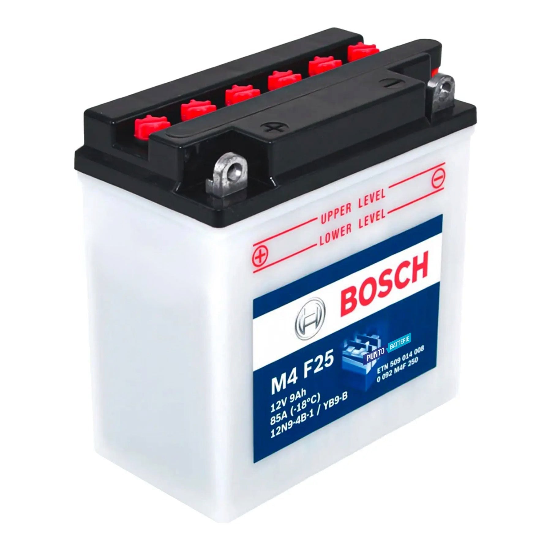 Batteria originale Bosch M4 M4F25, dimensioni 135 x 75 x 133, polo positivo a sinistra, 12 volt, 9 amperora, 85 ampere. Batteria per moto, scooter e powersport.