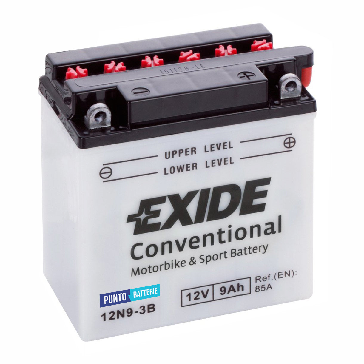 Batteria originale Exide Conventional 12N9-3B, dimensioni 135 x 75 x 140, polo positivo a destra, 12 volt, 9 amperora, 85 ampere. Batteria per moto, scooter e powersport.