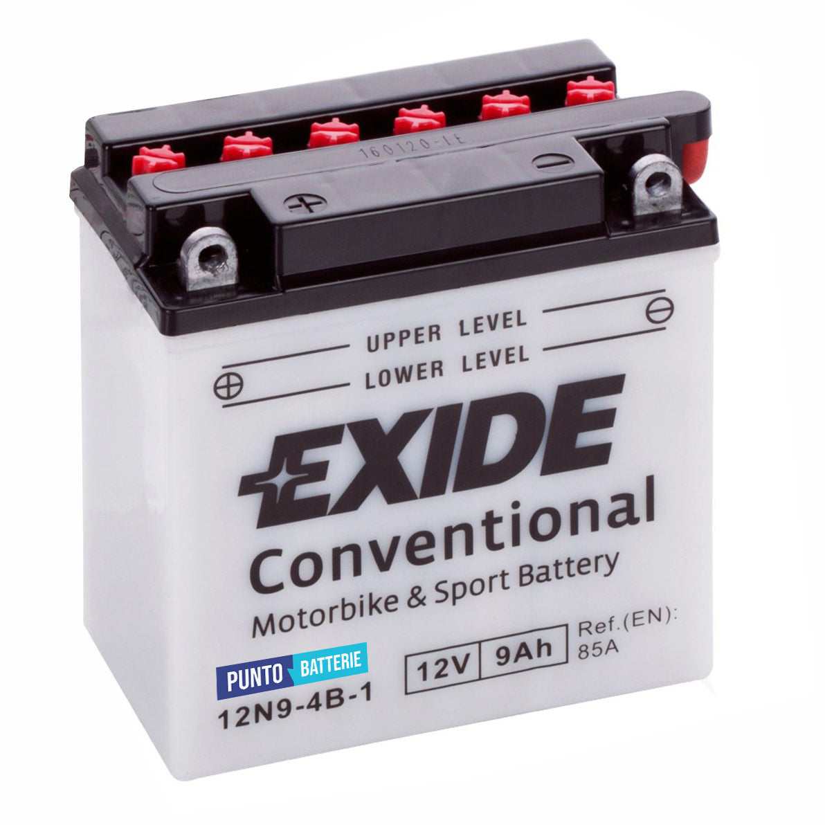 Batteria originale Exide Conventional 12N9-4B-1, dimensioni 135 x 75 x 140, polo positivo a sinistra, 12 volt, 9 amperora, 85 ampere. Batteria per moto, scooter e powersport.