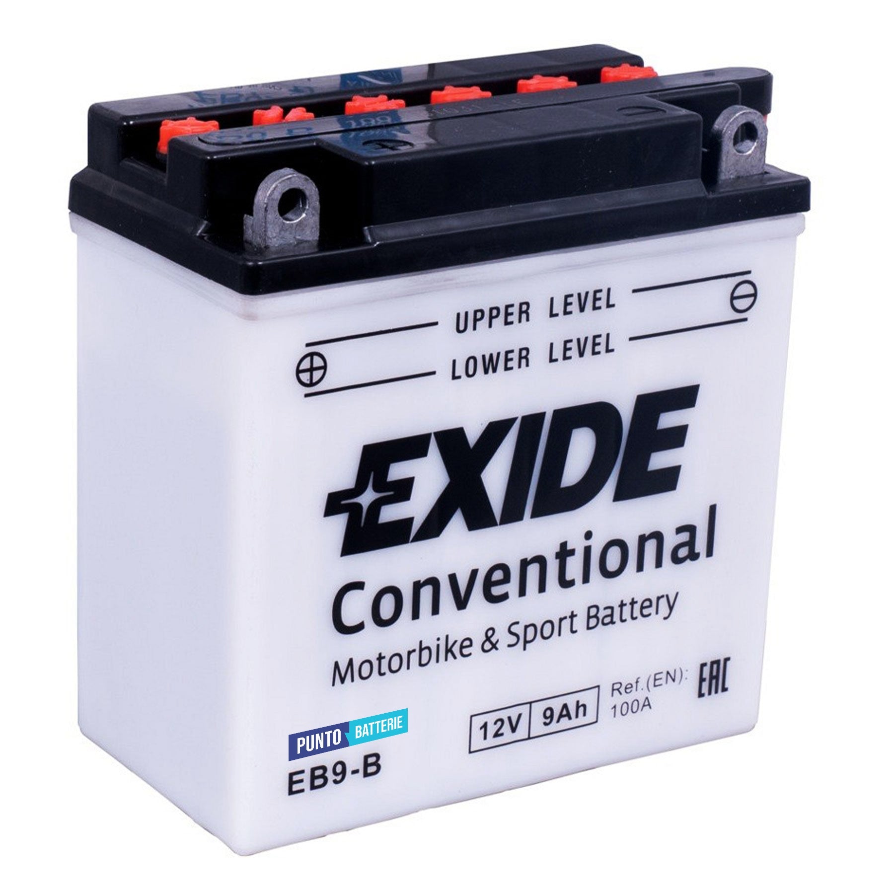 Batteria originale Exide Conventional EB9-B, dimensioni 135 x 75 x 140, polo positivo a sinistra, 12 volt, 9 amperora, 100 ampere. Batteria per moto, scooter e powersport.