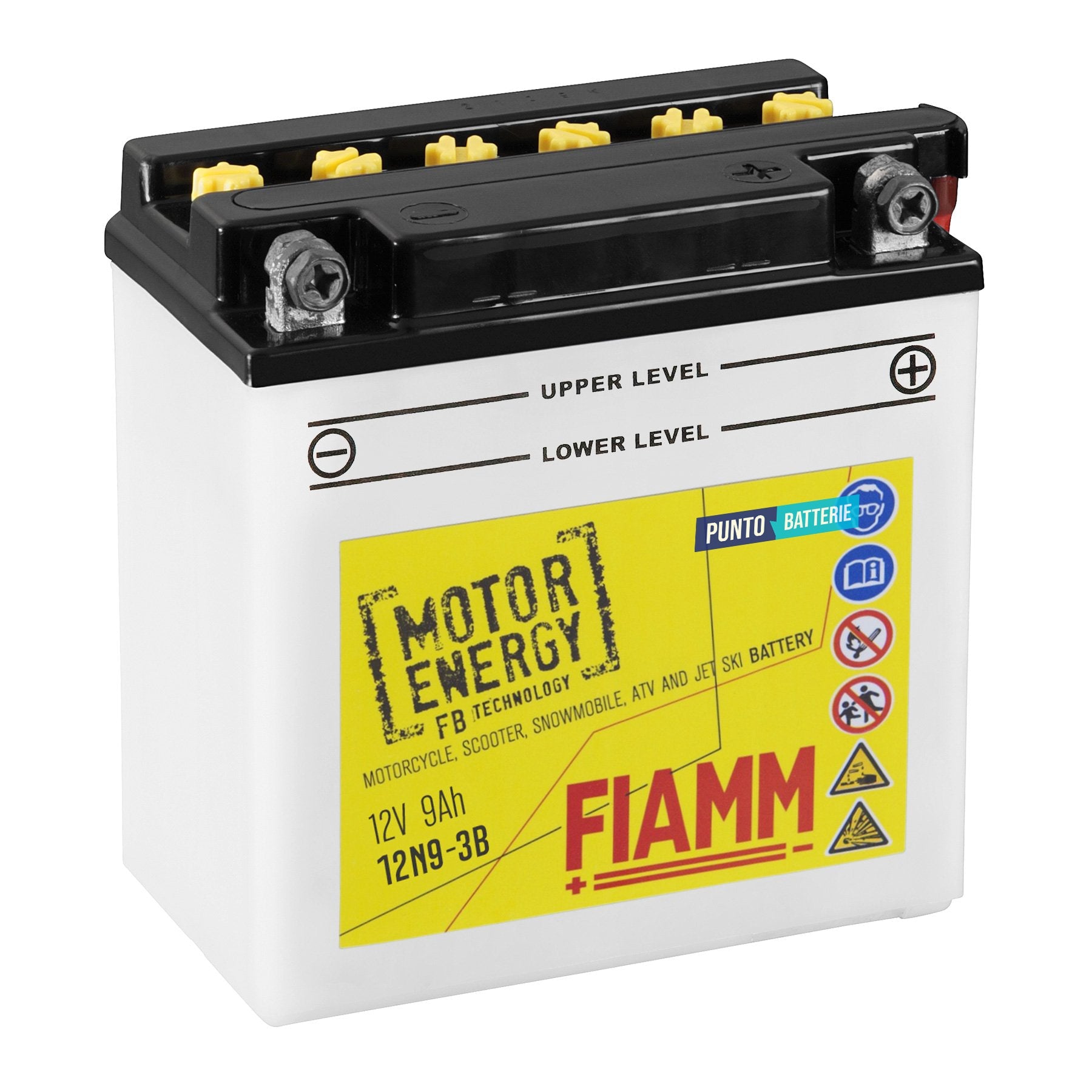 Batteria originale Fiamm Motor Energy FB 12N9-3B, dimensioni 135 x 75 x 139, polo positivo a destra, 12 volt, 9 amperora, 85 ampere. Batteria per moto, scooter e powersport.