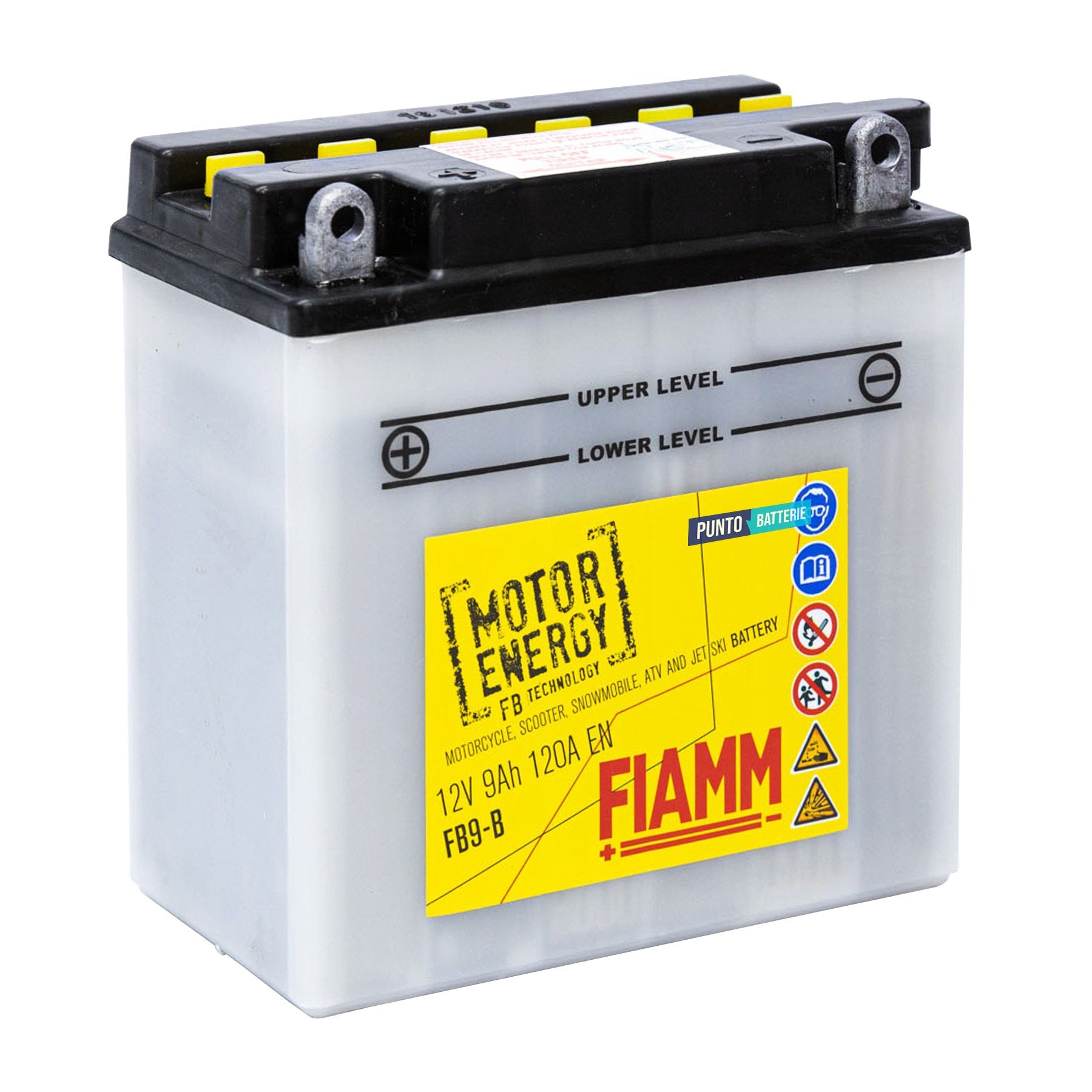 Batteria originale Fiamm Motor Energy FB FB9-B, dimensioni 135 x 75 x 139, polo positivo a sinistra, 12 volt, 9 amperora, 120 ampere. Batteria per moto, scooter e powersport.