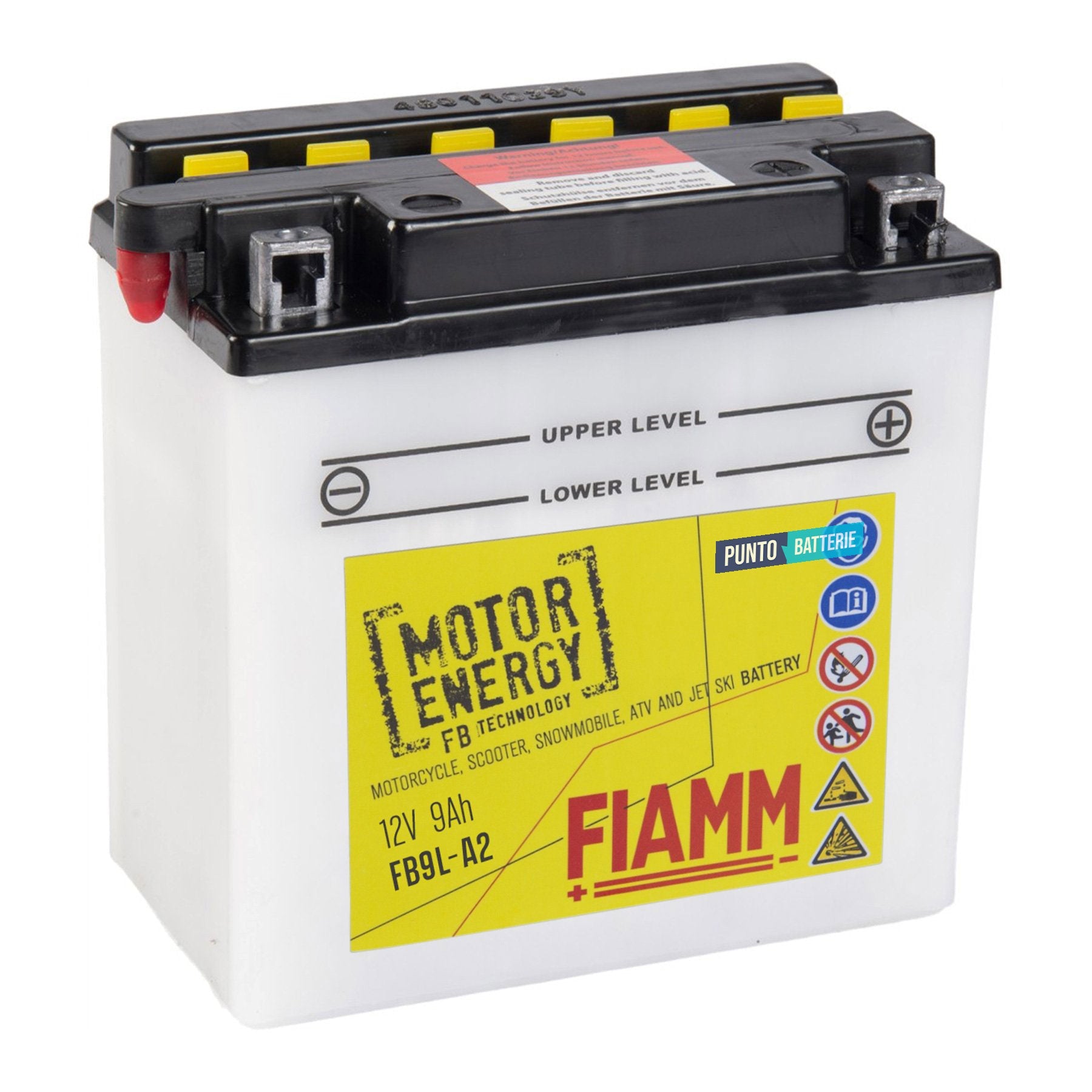 Batteria originale Fiamm Motor Energy FB FB9L-A2, dimensioni 135 x 75 x 139, polo positivo a destra, 12 volt, 9 amperora, 120 ampere. Batteria per moto, scooter e powersport.