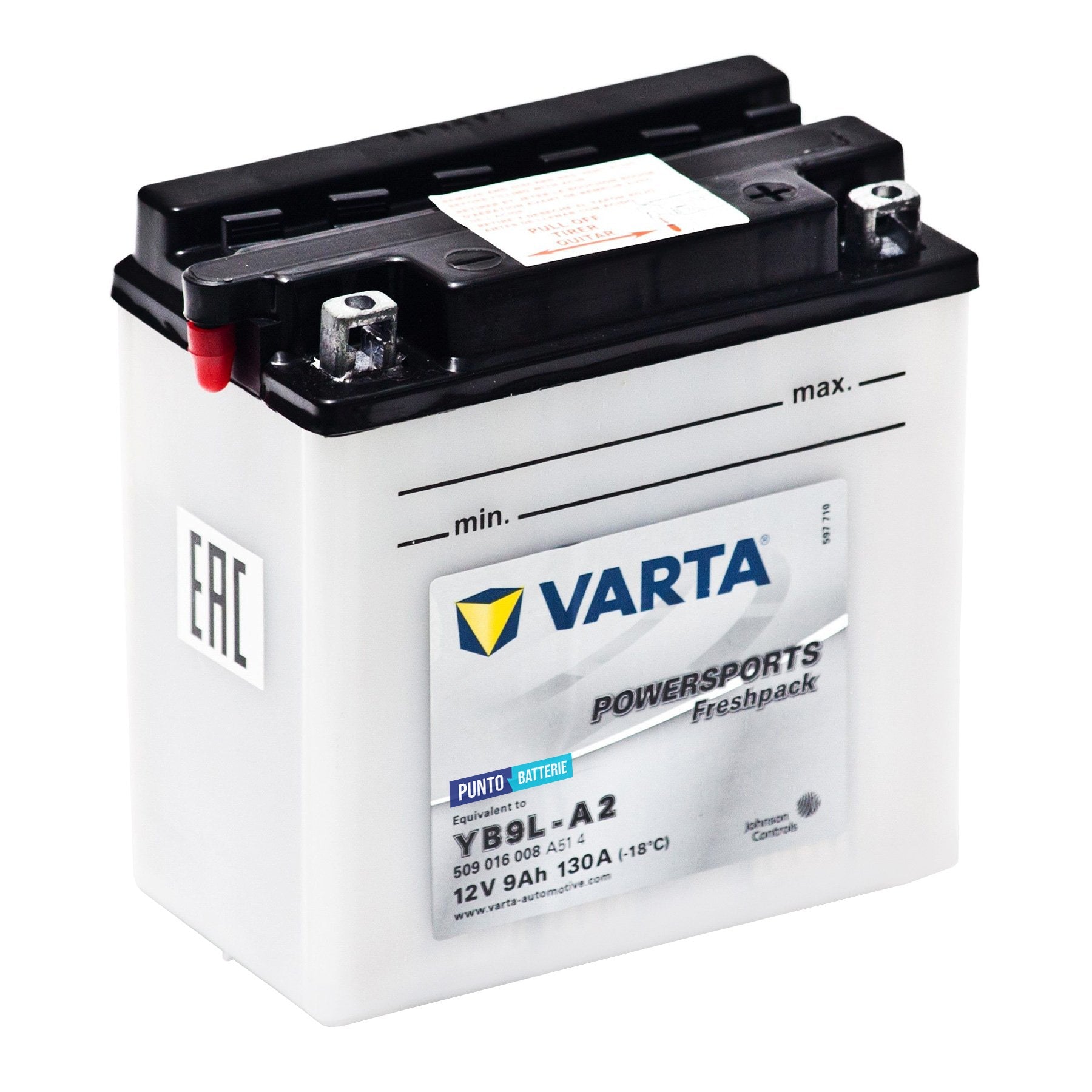 Batteria originale Varta Powersport Freshpack YB9L-A2, dimensioni 135 x 75 x 139, polo positivo a destra, 12 volt, 9 amperora, 130 ampere. Batteria per moto, scooter e powersport.