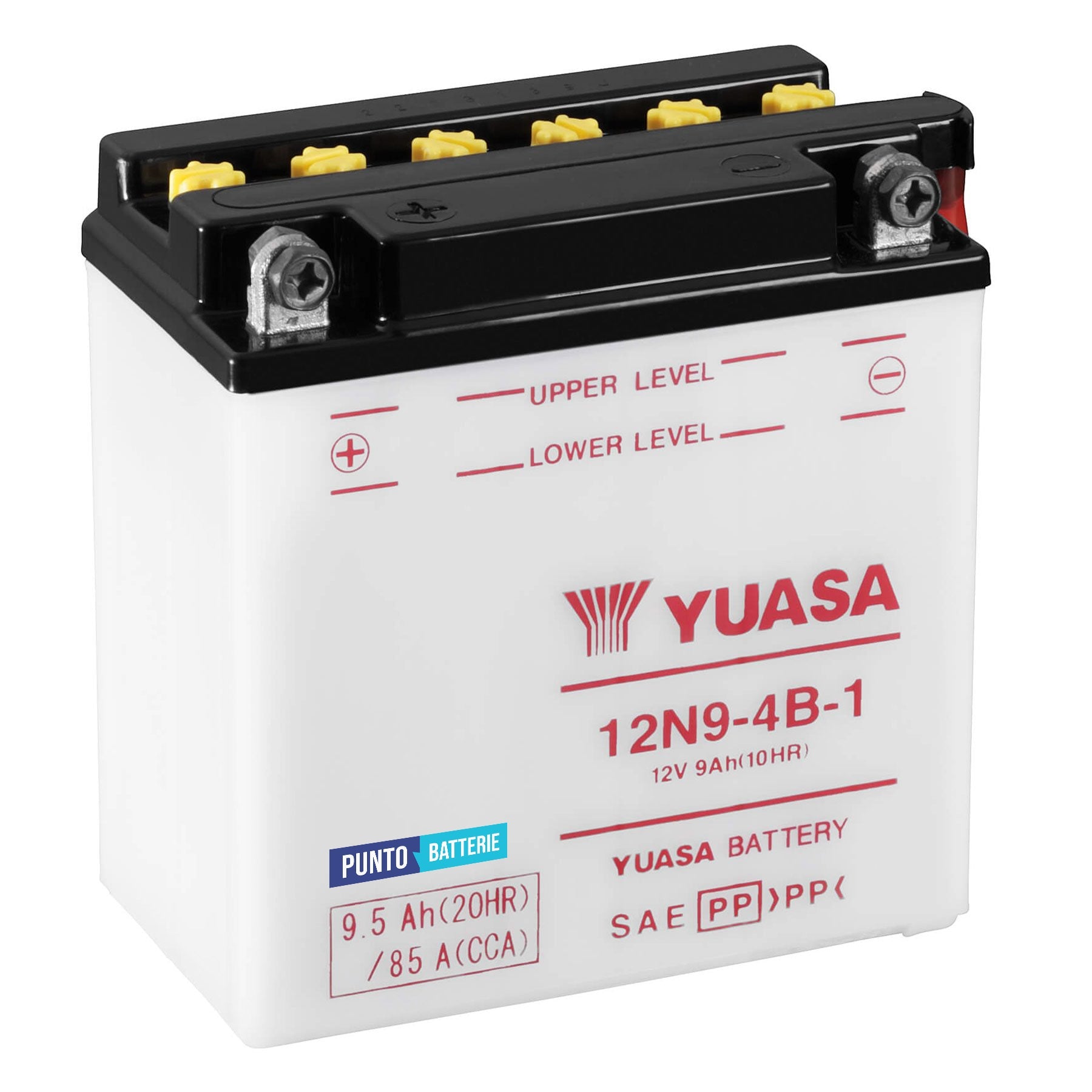 Batteria originale Yuasa Conventional 12N9-4B-1, dimensioni 135 x 75 x 139, polo positivo a sinistra, 12 volt, 9 amperora, 85 ampere. Batteria per moto, scooter e powersport.