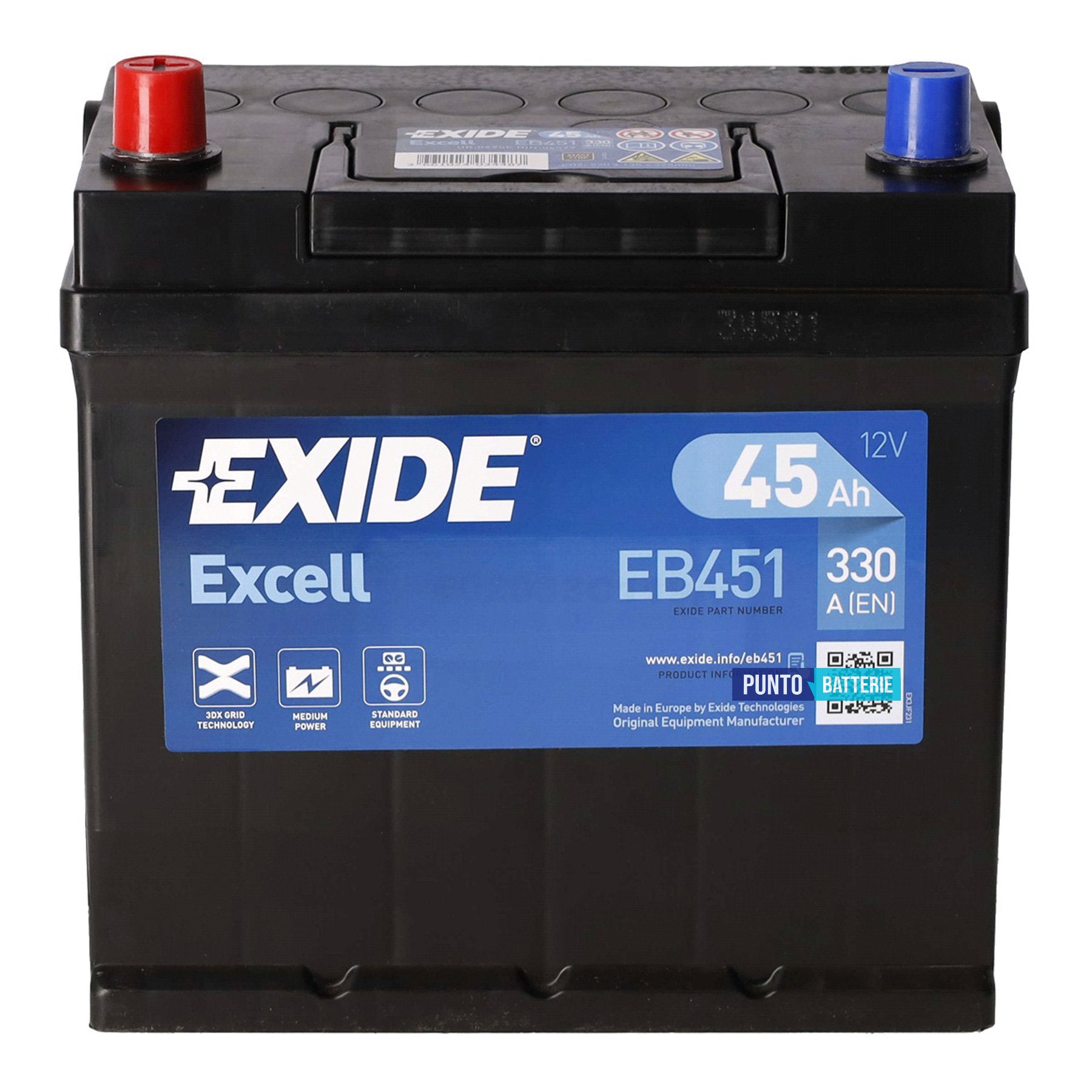 Batteria Exide 45Ah, 12V, 330A, 220x135x225mm