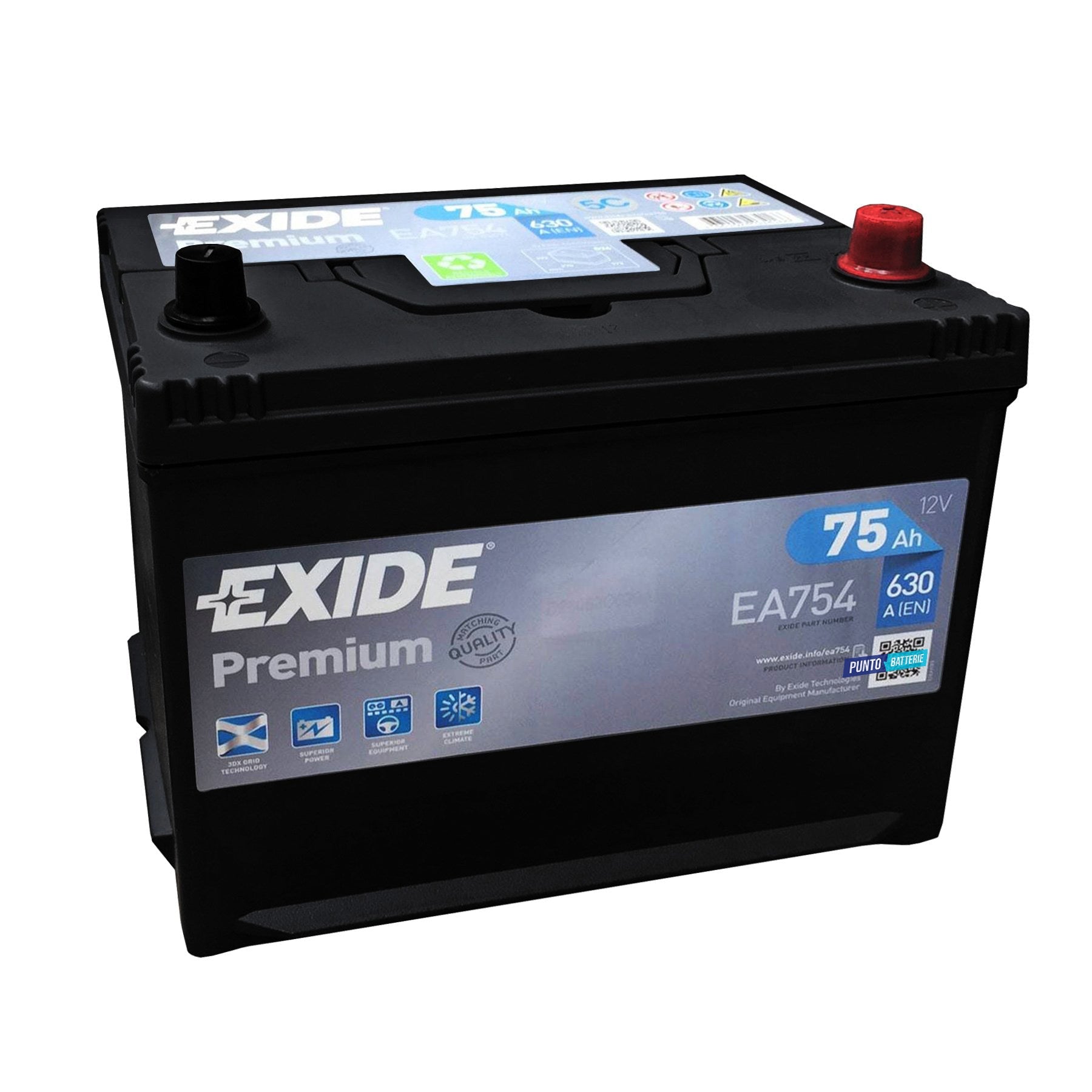 Batteria Exide 75Ah, 12V, 630A, 270x173x222mm