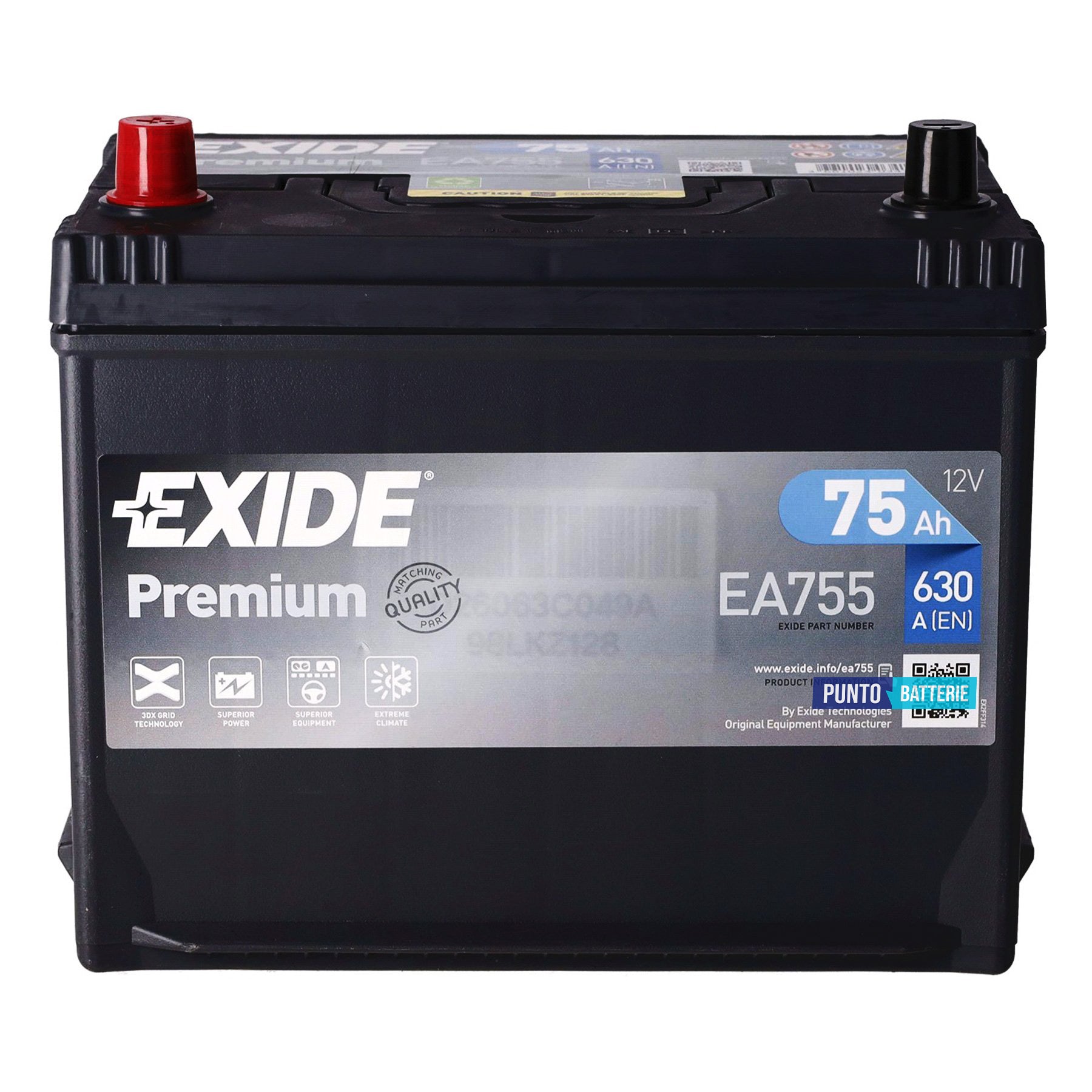Batteria Exide 75Ah, 12V, 630A, 270x173x222mm