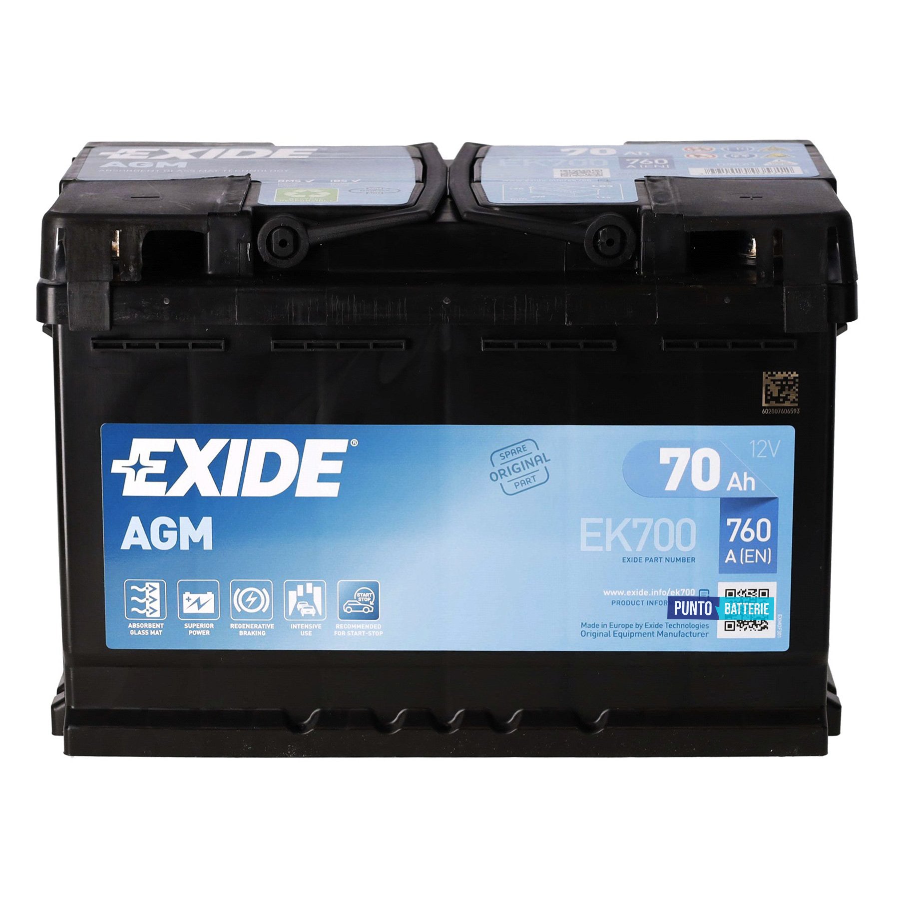Batteria Exide 70Ah, 12V, 760A, 278x175x190mm, AGM
