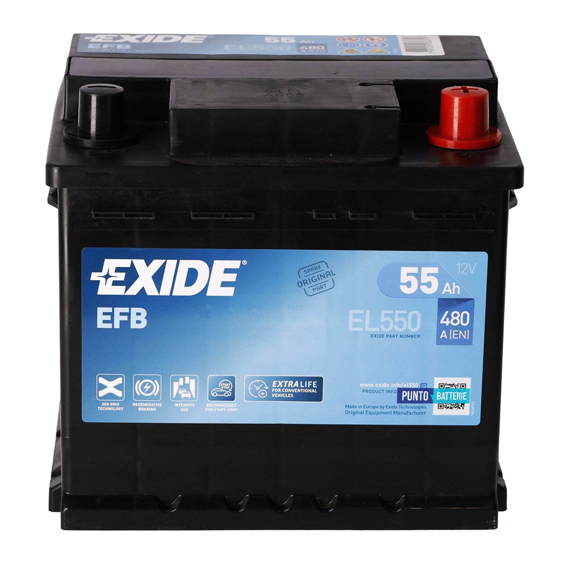 Batteria Exide 55Ah, 12V, 480A, 207x175x190mm, EFB