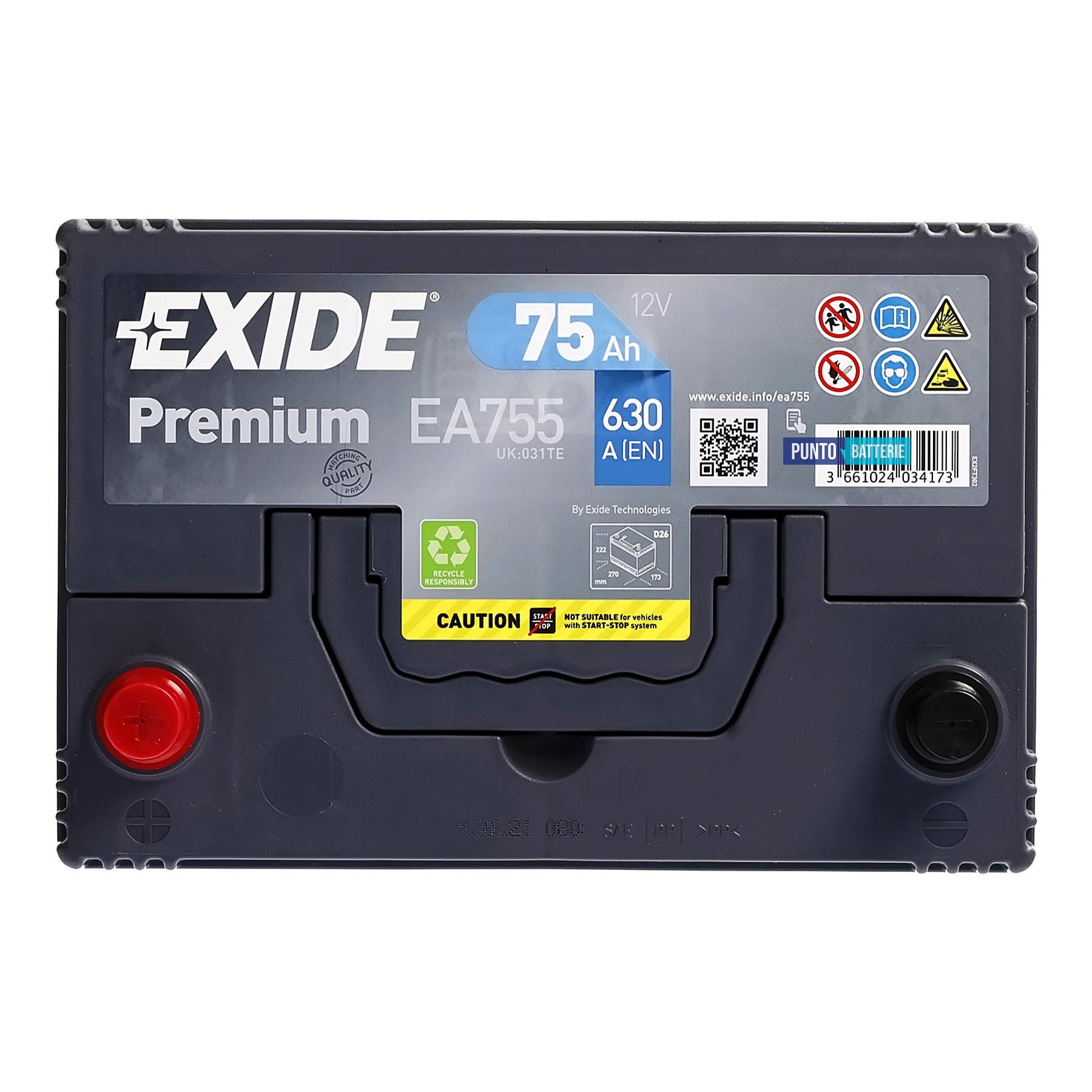 Batteria auto 75ah, 630a, 12v