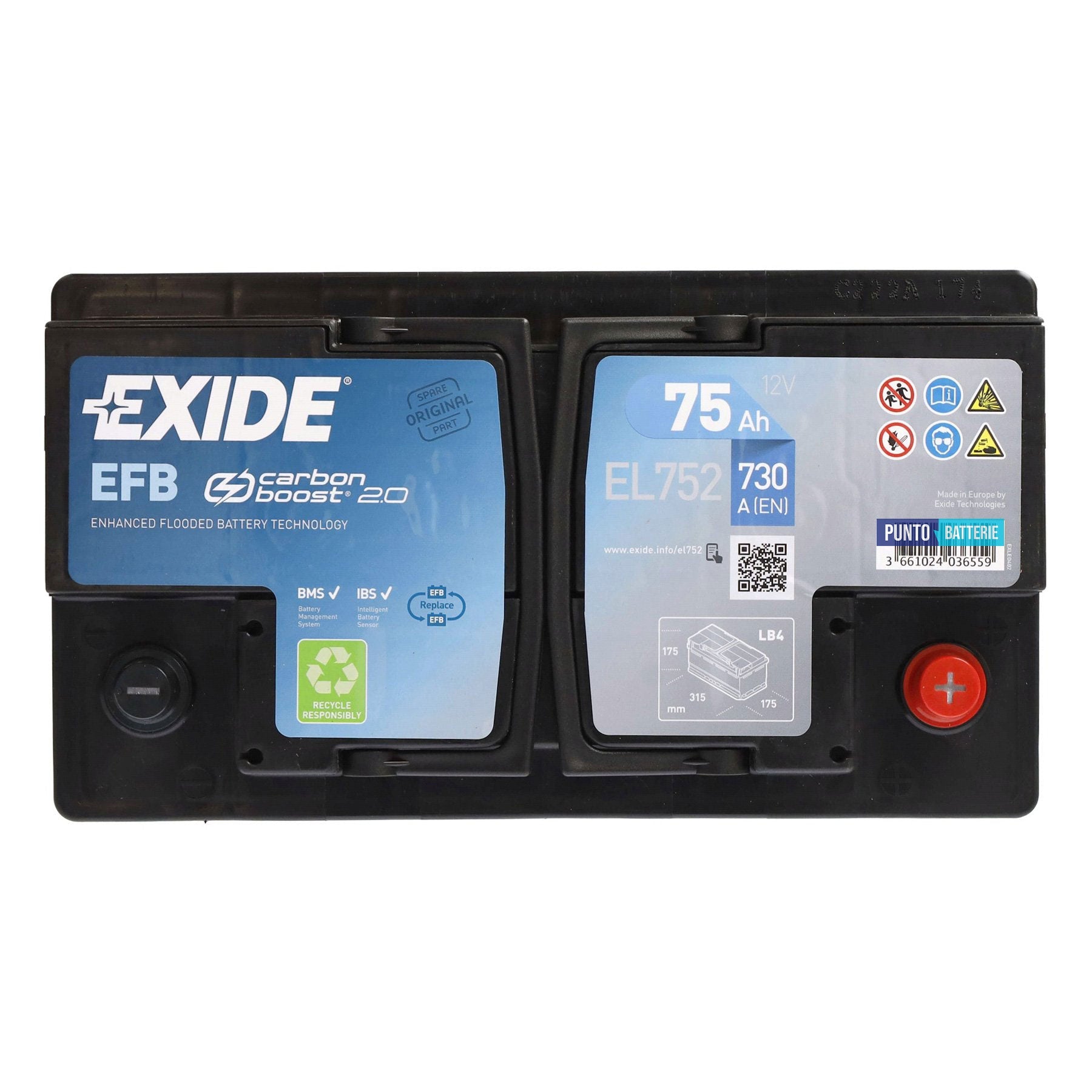 Batteria auto 75ah, 730a, 12v
