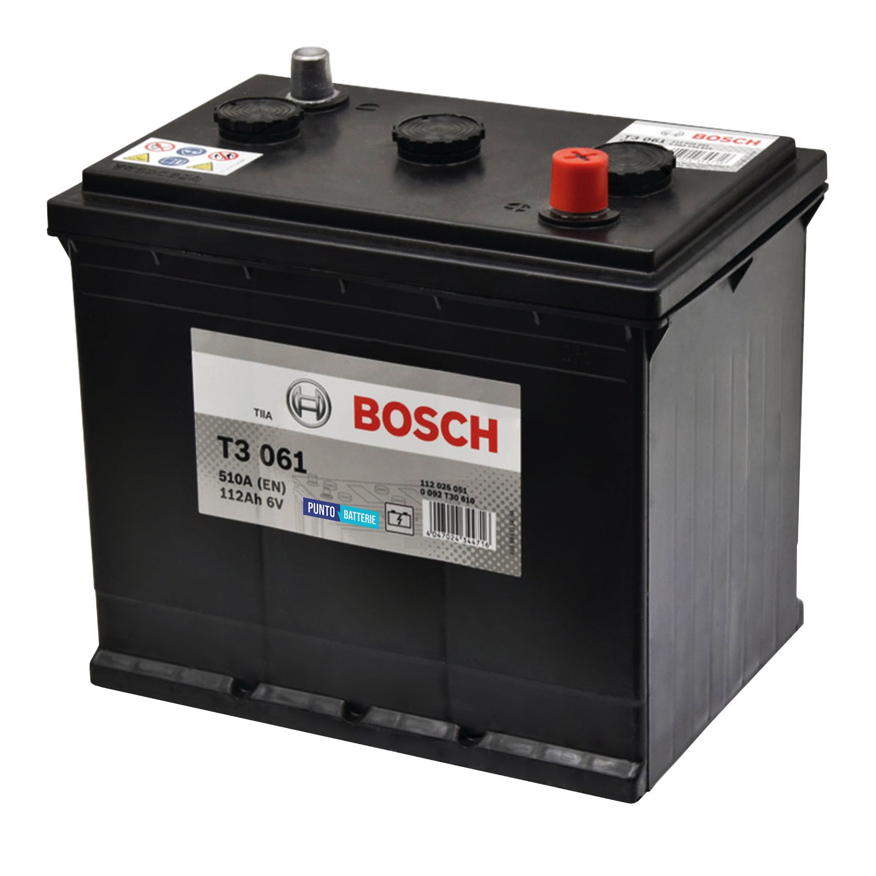 Batteria originale Bosch T3 T3061, dimensioni 260 x 175 x 238, polo positivo a destra, 6 volt, 112 amperora, 510 ampere. Batteria per camion e veicoli pesanti.