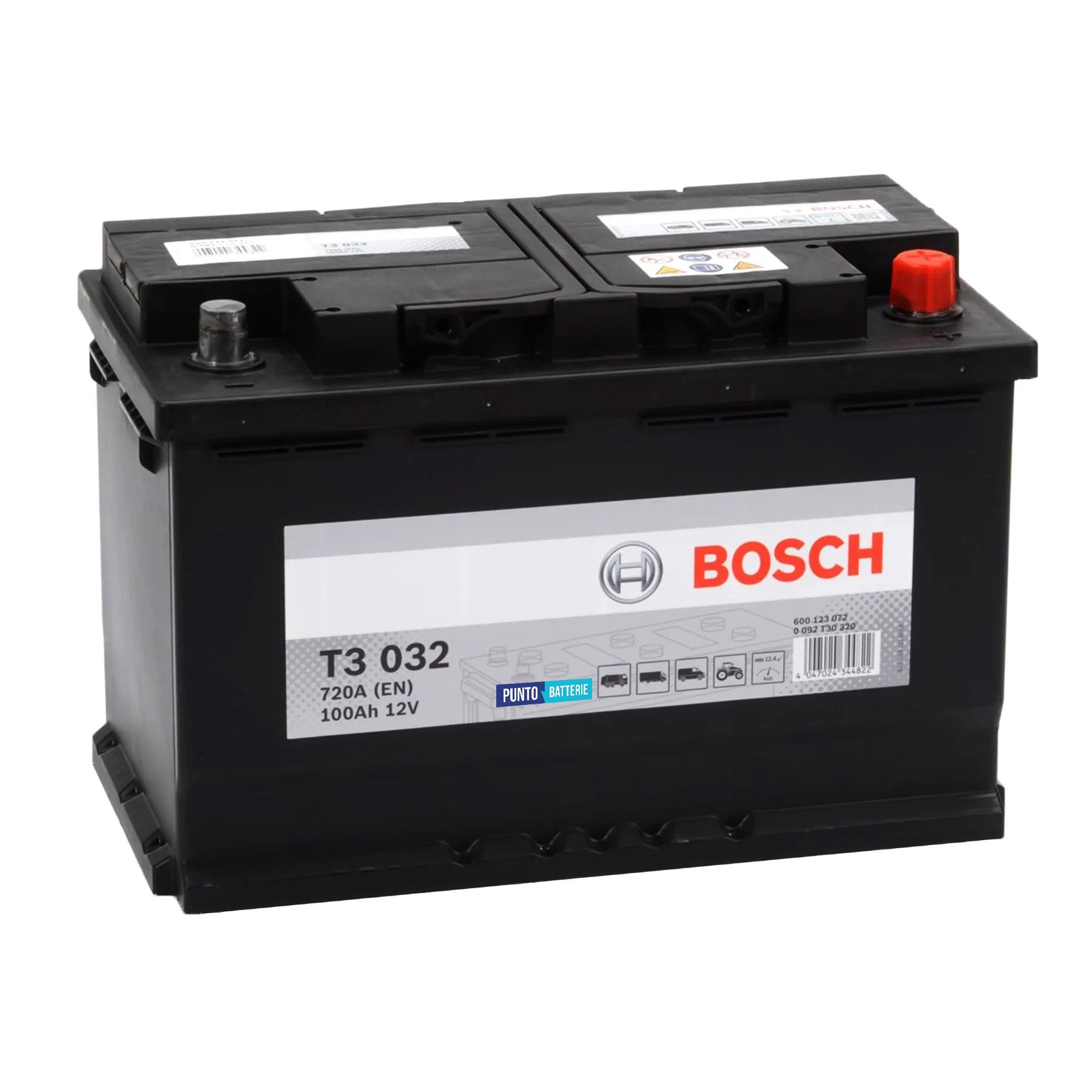 Batteria originale Bosch T3 T3032, dimensioni 315 x 175 x 210, polo positivo a destra, 12 volt, 100 amperora, 720 ampere. Batteria per camion e veicoli pesanti.