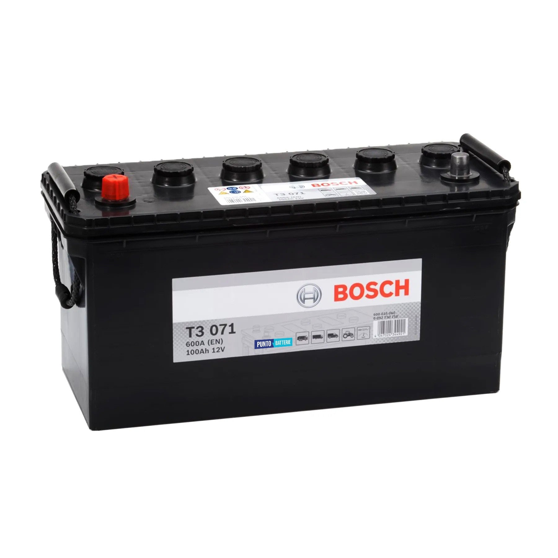 Batteria originale Bosch T3 T3071, dimensioni 412 x 175 x 219, polo positivo a sinistra, 12 volt, 100 amperora, 600 ampere. Batteria per camion e veicoli pesanti.