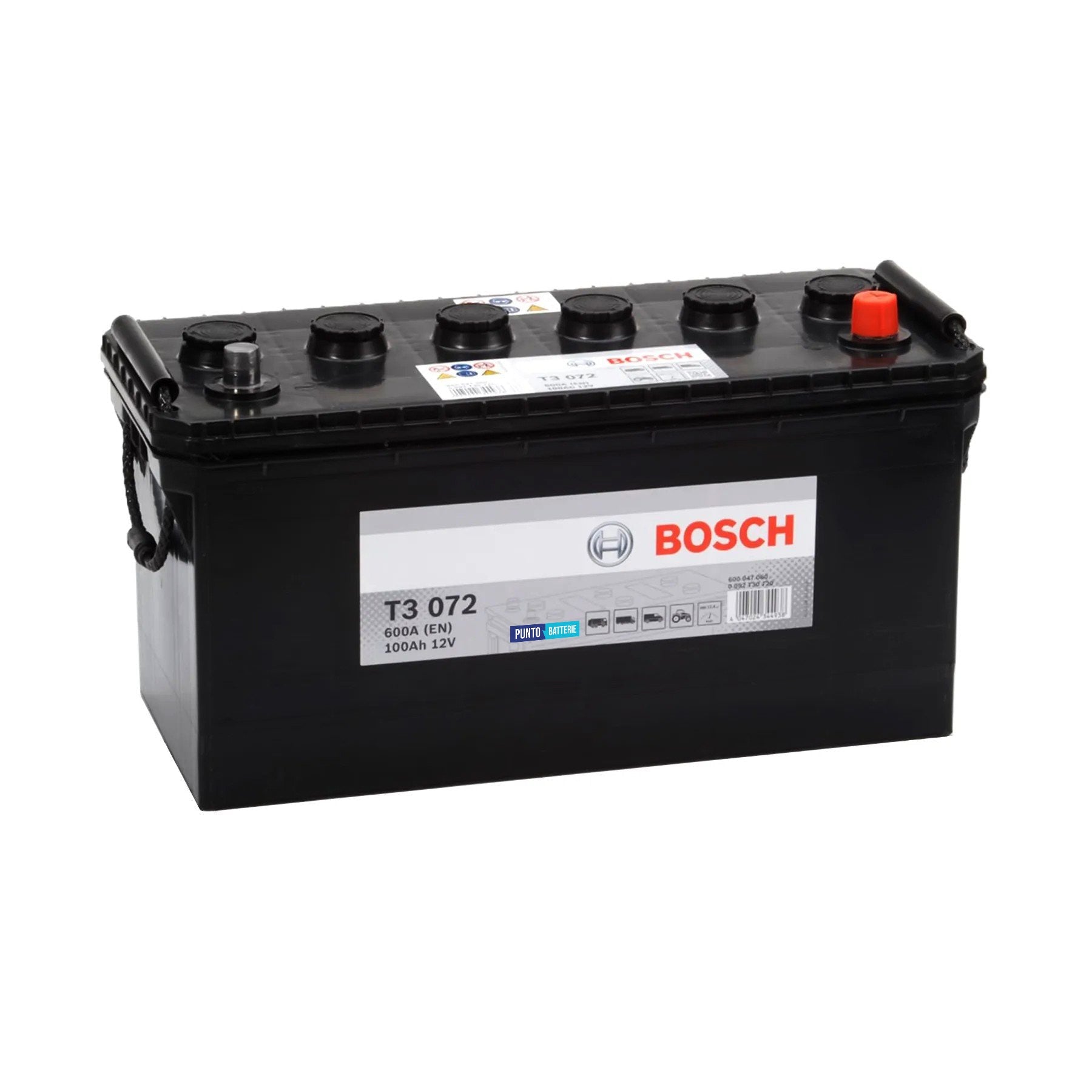 Batteria originale Bosch T3 T3072, dimensioni 412 x 175 x 219, polo positivo a destra, 12 volt, 100 amperora, 600 ampere. Batteria per camion e veicoli pesanti.