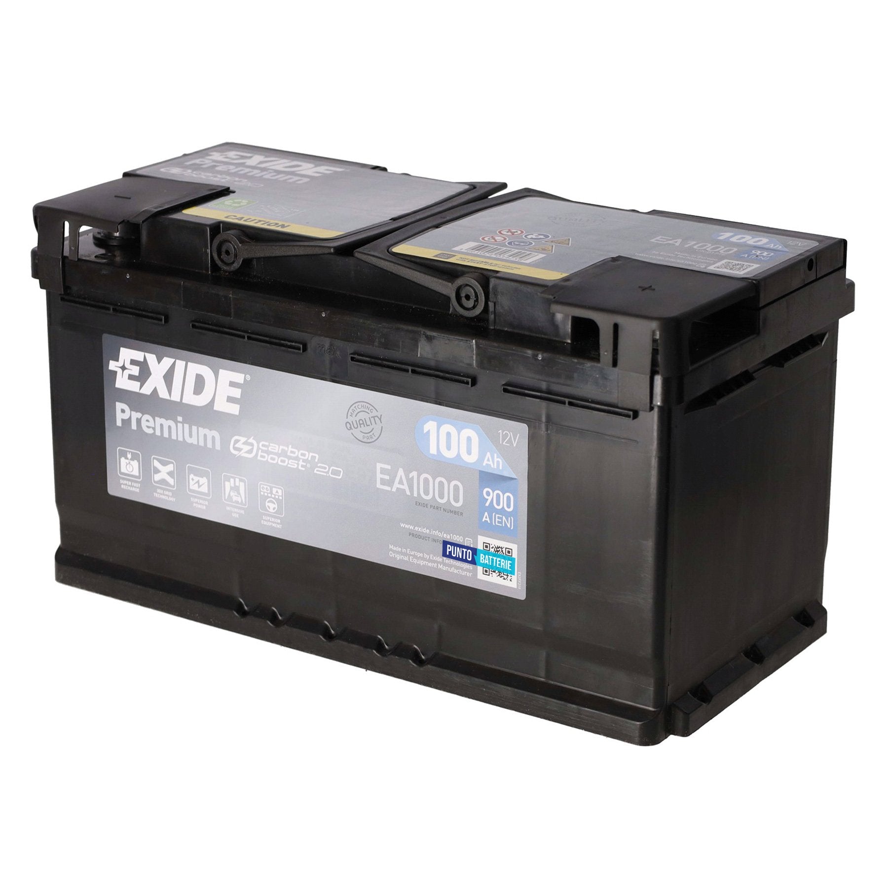 Batteria originale Exide Premium EA1000, dimensioni 353 x 175 x 190, polo positivo a destra, 12 volt, 100 amperora, 900 ampere. Batteria per auto e veicoli leggeri.