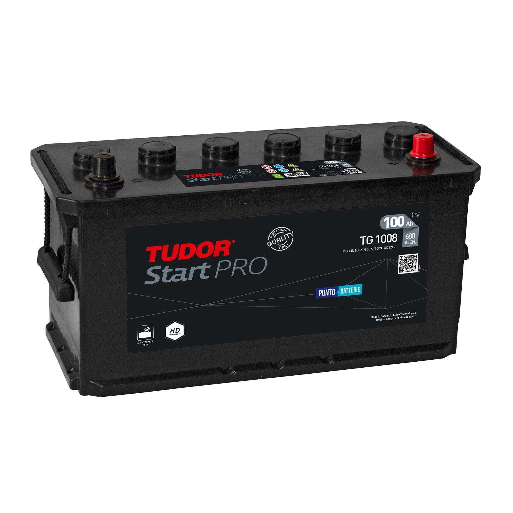 Batteria originale Tudor Start PRO TG1008, dimensioni 413 x 175 x 220, polo positivo a destra, 12 volt, 100 amperora, 680 ampere. Batteria per camion e veicoli pesanti.