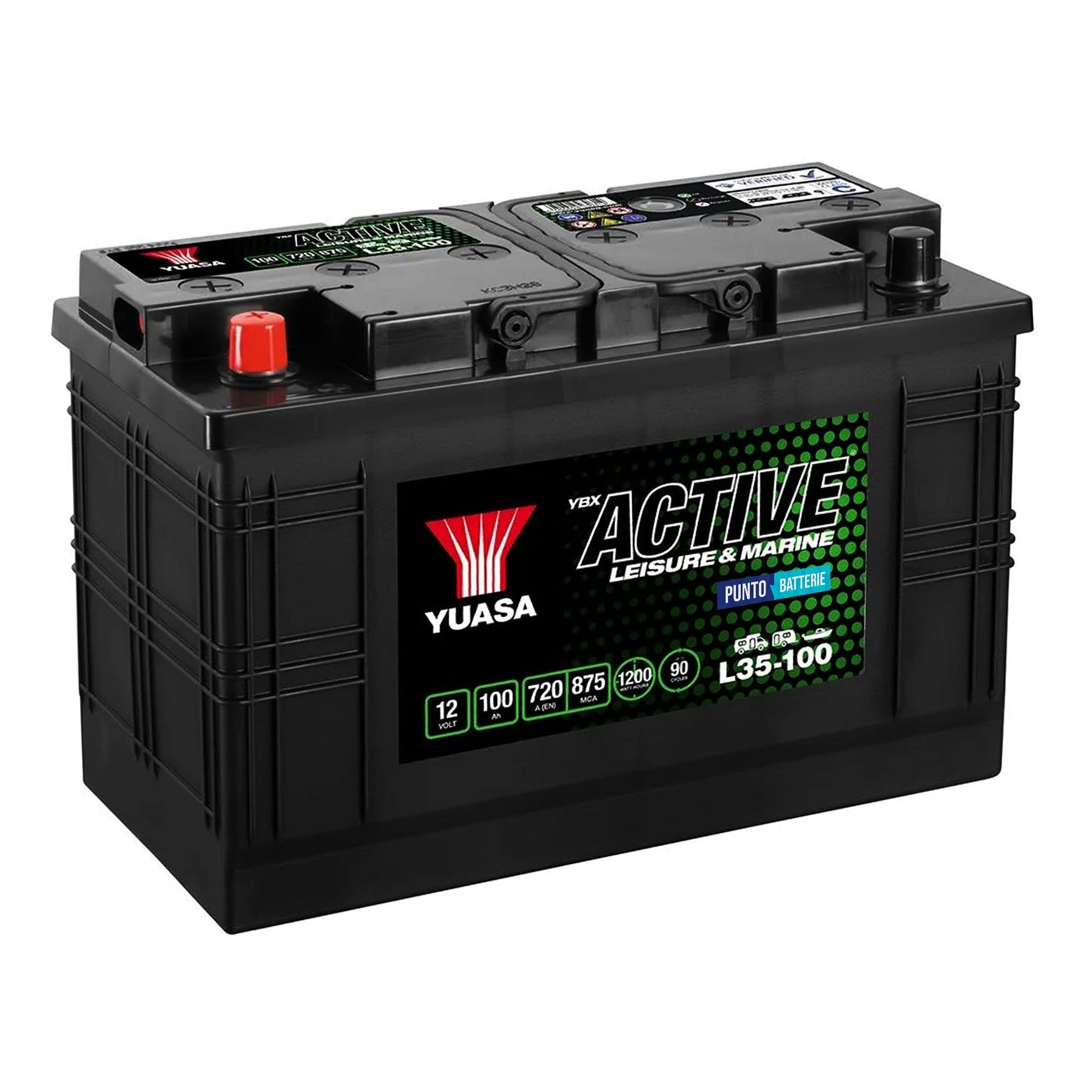 Batteria originale Yuasa YBX ACTIVE Leisure e Marine L35-100, dimensioni 352 x 175 x 227