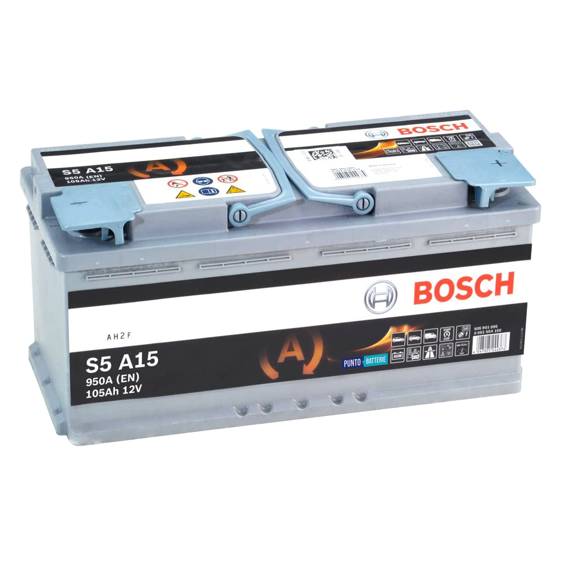 Batteria originale Bosch S5A S5 A15, dimensioni 394 x 175 x 190, polo positivo a destra, 12 volt, 105 amperora, 950 ampere, AGM. Batteria per auto e veicoli leggeri con start e stop.