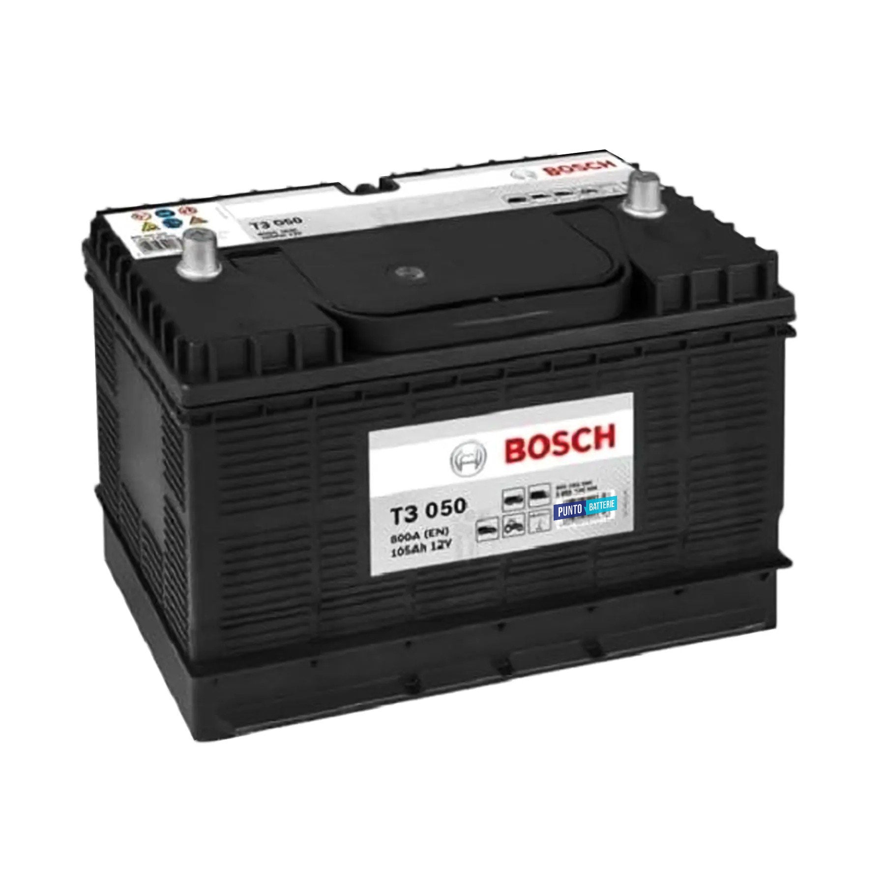 Batteria originale Bosch T3 T3050, dimensioni 329 x 172 x 237, polo positivo a sinistra, 12 volt, 105 amperora, 800 ampere. Batteria per camion e veicoli pesanti.