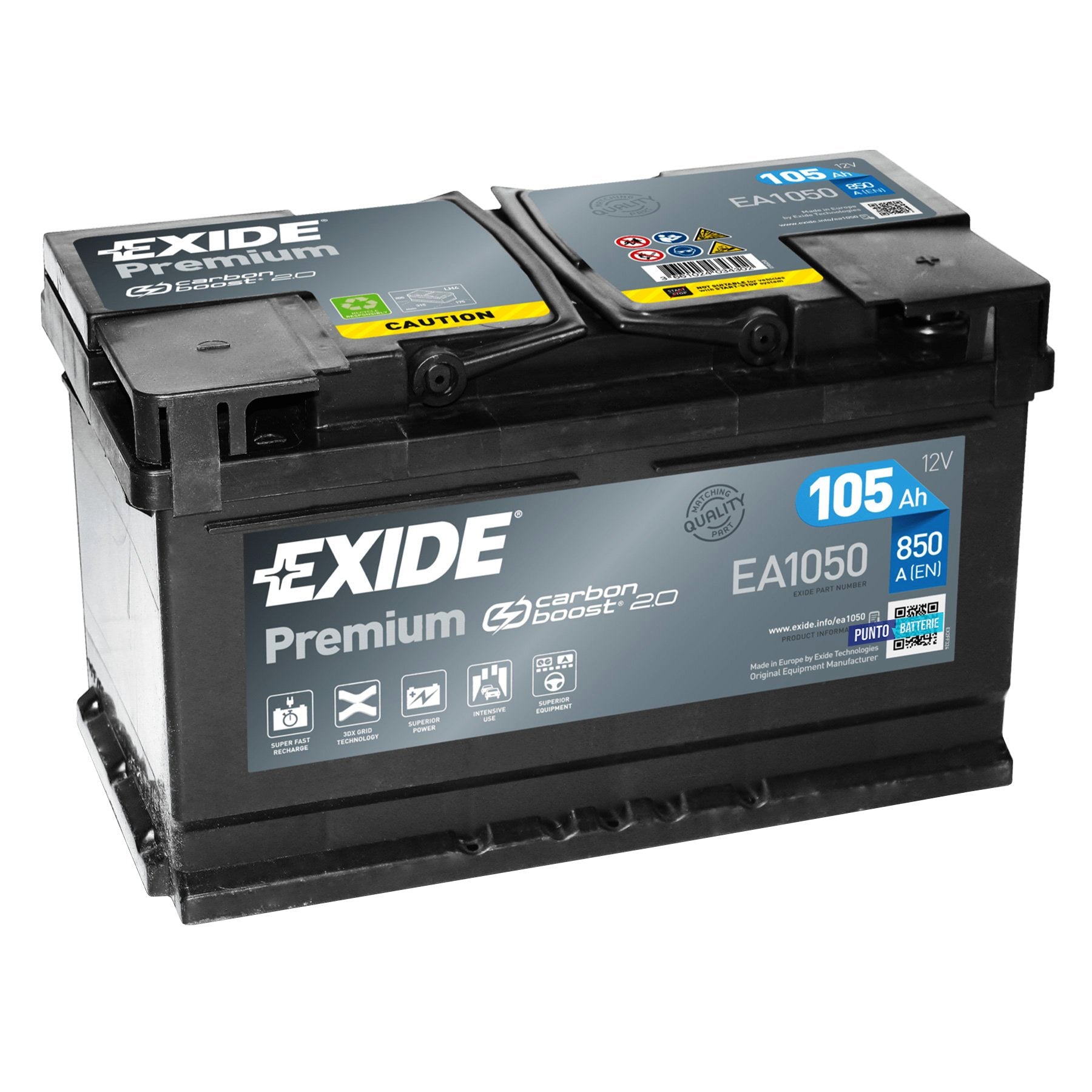 Batteria originale Exide Premium EA1050, dimensioni 315 x 175 x 205, polo positivo a destra, 12 volt, 105 amperora, 850 ampere. Batteria per auto e veicoli leggeri.