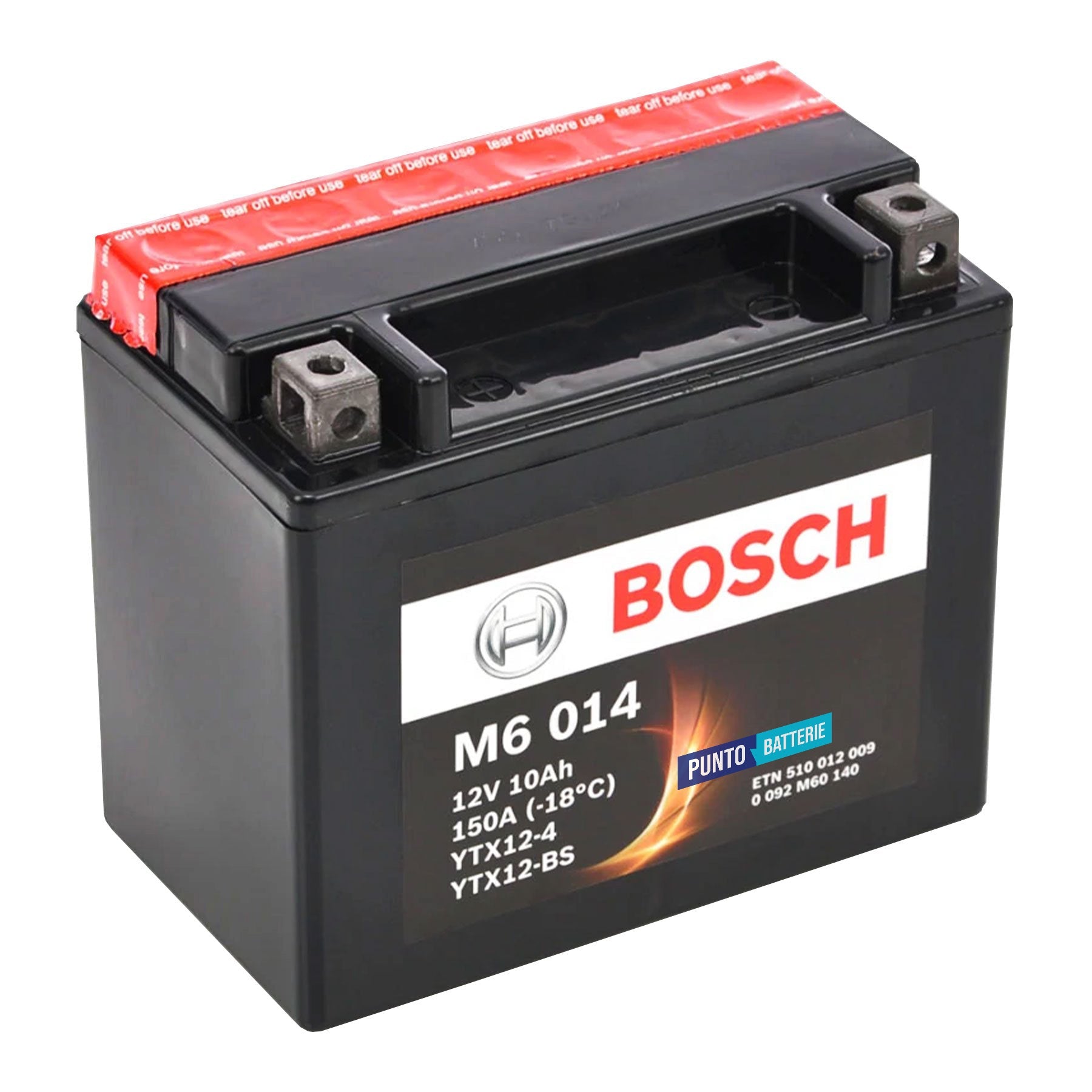 Batteria originale Bosch M6 M6014, dimensioni 150 x 87 x 105, polo positivo a sinistra, 12 volt, 10 amperora, 150 ampere. Batteria per moto, scooter e powersport.