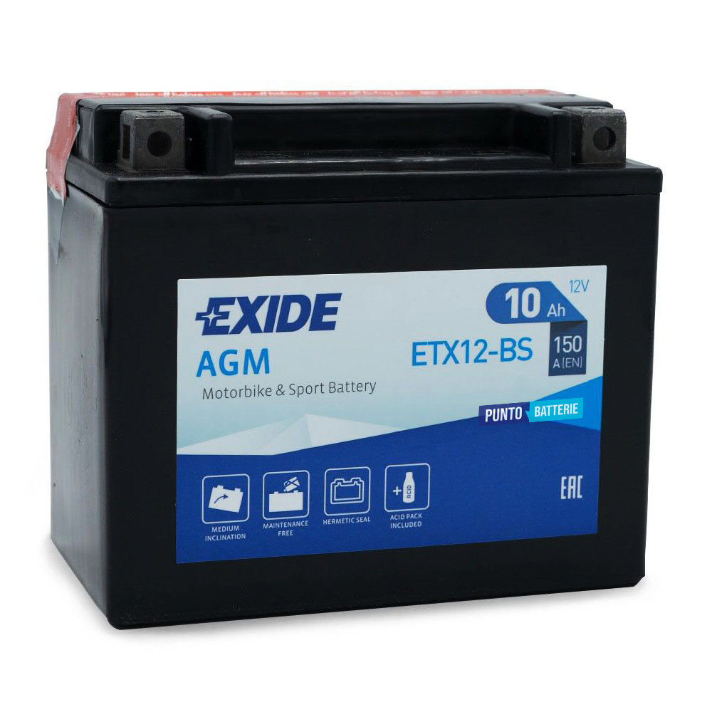 Batteria originale Exide AGM ETX12-BS, dimensioni 150 x 90 x 130, polo positivo a sinistra, 12 volt, 10 amperora, 150 ampere. Batteria per moto, scooter e powersport.